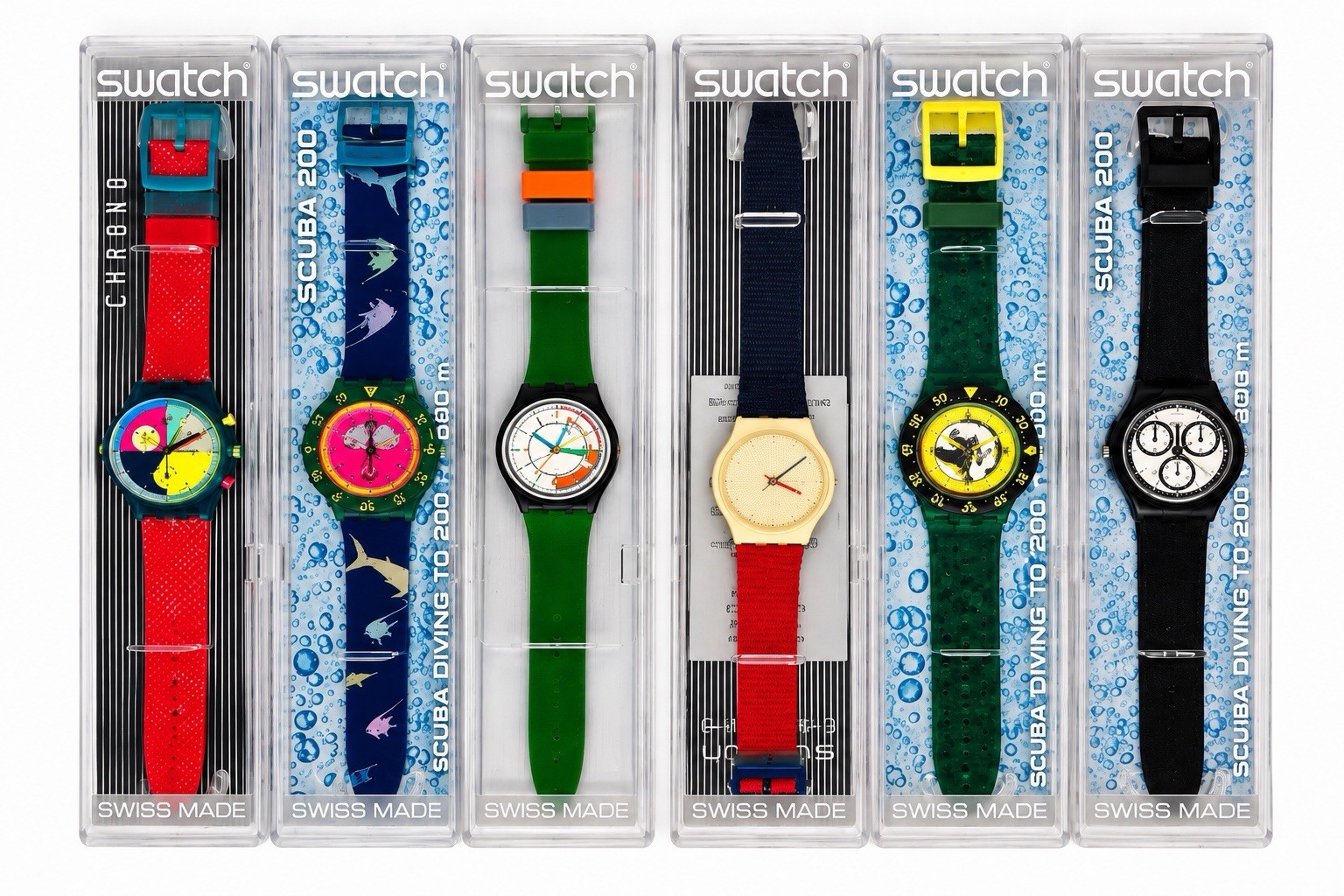 Vintage Swatch Watch Collection Lot of 6– Scuba 200 & Originals – Swiss Made w/ Vintage Swatch Watch Collection Lot of 6– Scuba 200 & Originals – Swiss Made w/