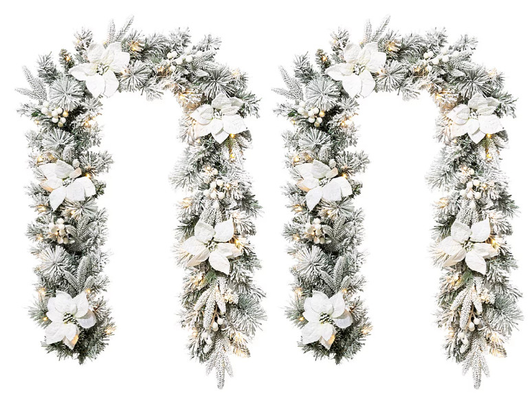 Glitzhome 2pk 6ft Pre-Lit Flocked Pine Garland White Poinsettia Warm LED Timer Glitzhome 2pk 6ft Pre-Lit Flocked Pine Garland White Poinsettia Warm LED Timer