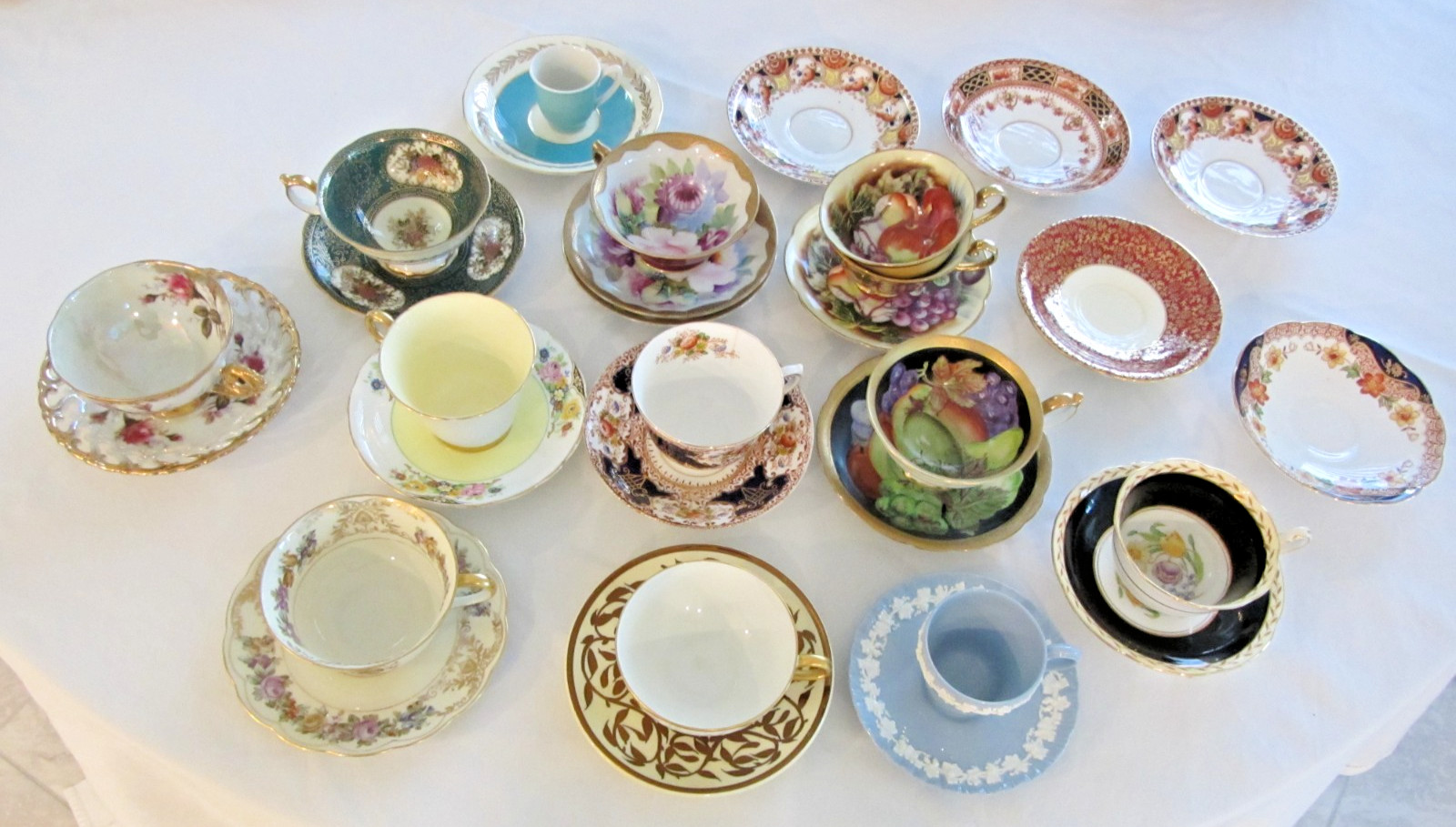 Vintage teacups and saucers variety English China, various patterns and sizes