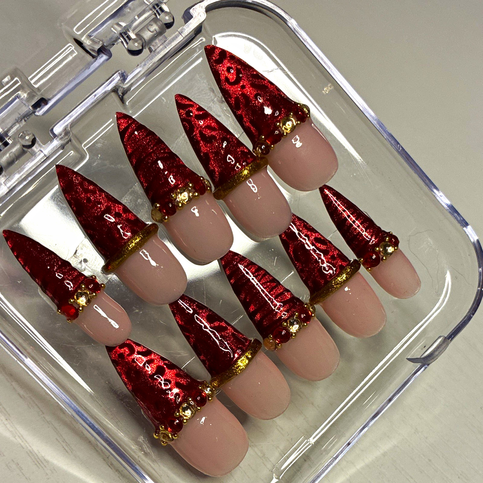 Long Stiletto Press-On Nails cat eye Full Cover Red/Gold Glitter bangle nails Long Stiletto Press-On Nails cat eye Full Cover Red/Gold Glitter bangle nails