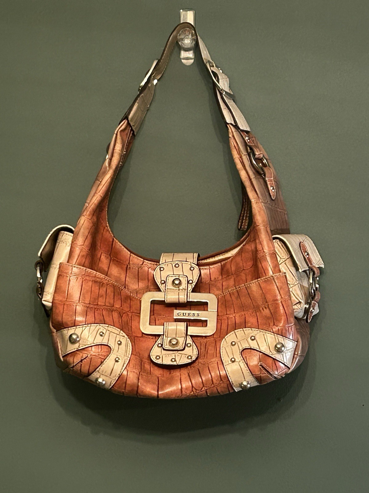 Vintage GUESS Y2K Shoulder Bag Brown Cream Croc Embossed Buckle Hobo Purse Vintage GUESS Y2K Shoulder Bag Brown Cream Croc Embossed Buckle Hobo Purse