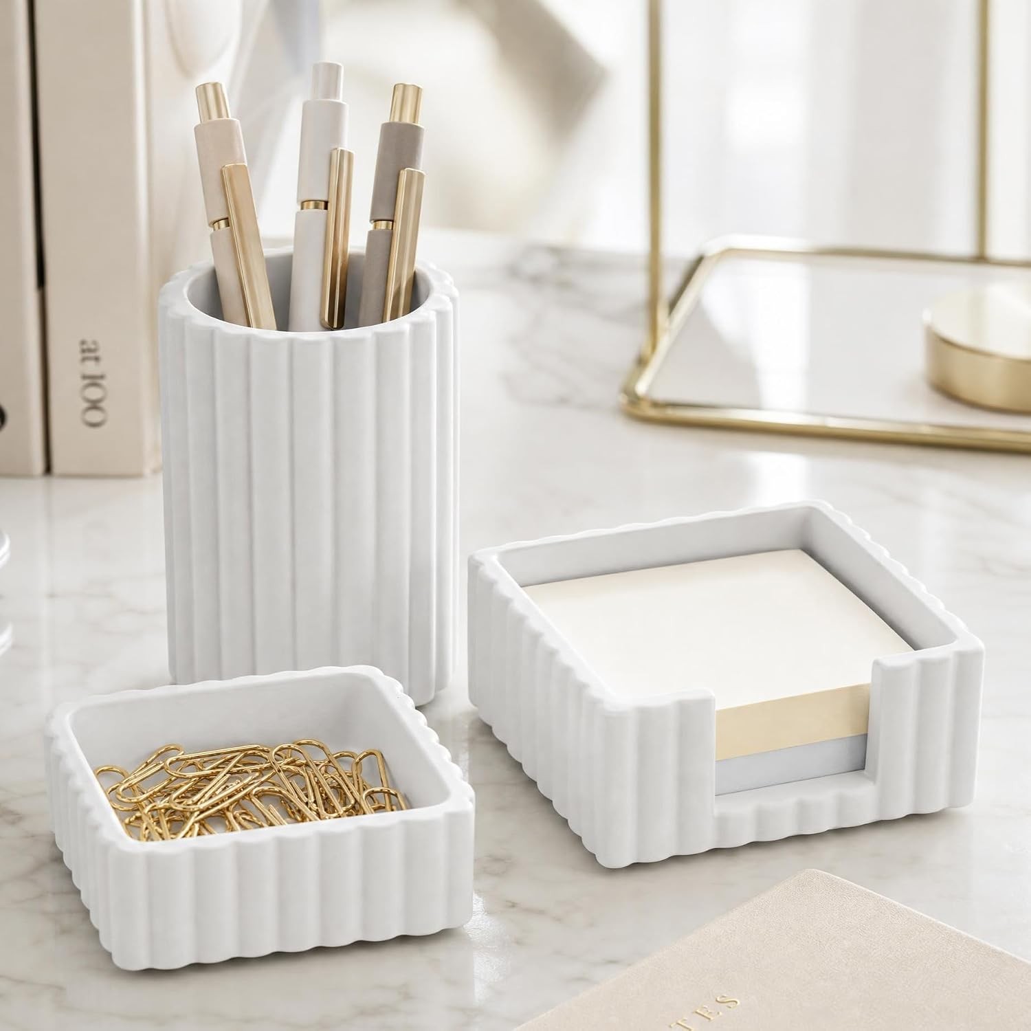 Modern Aesthetic Desk Accessories Set of 3 - Stylish Concrete Organizers
