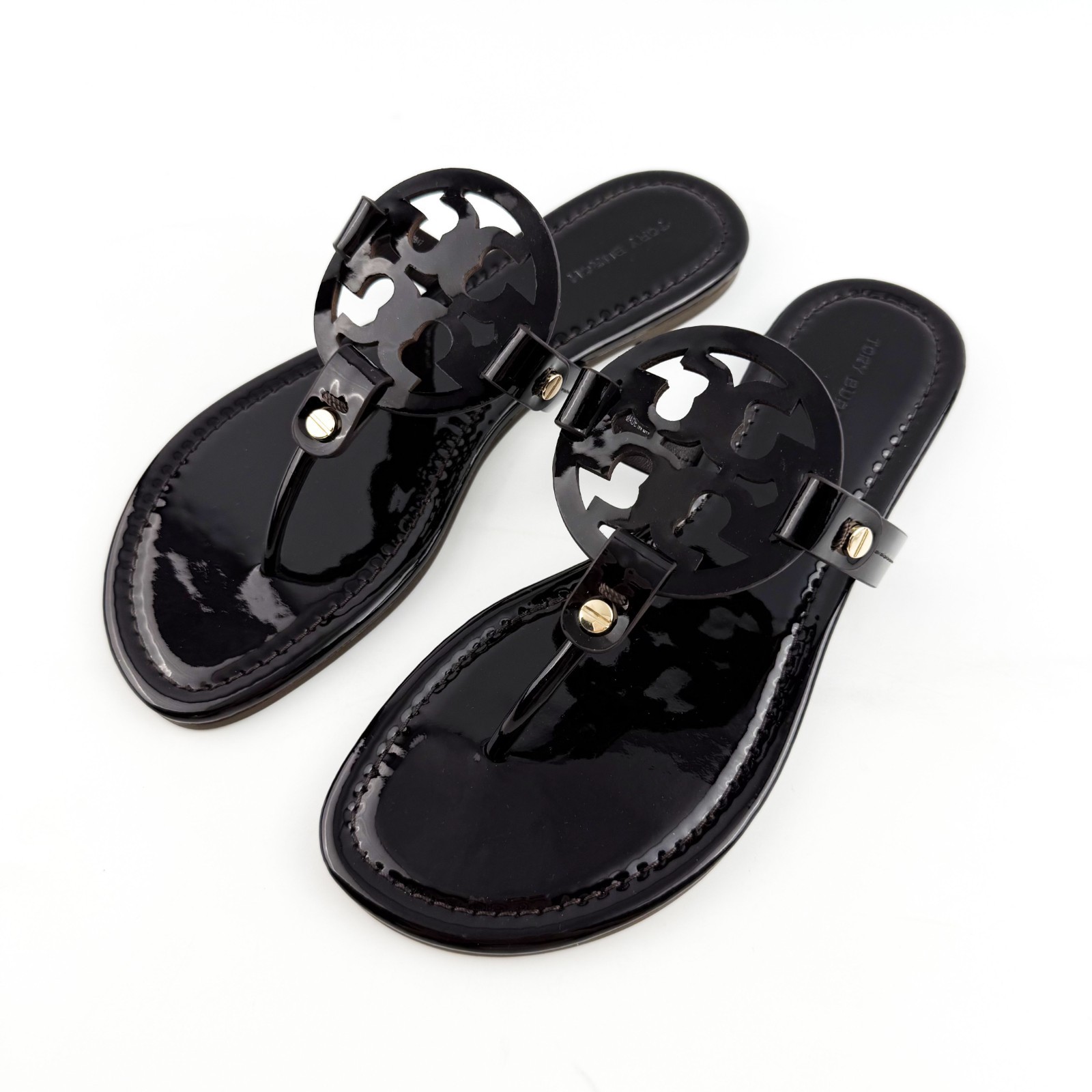 Tory Burch Miller Women's Leather Thong Sandals Coconut Logo Cutout Flat Flip Fl