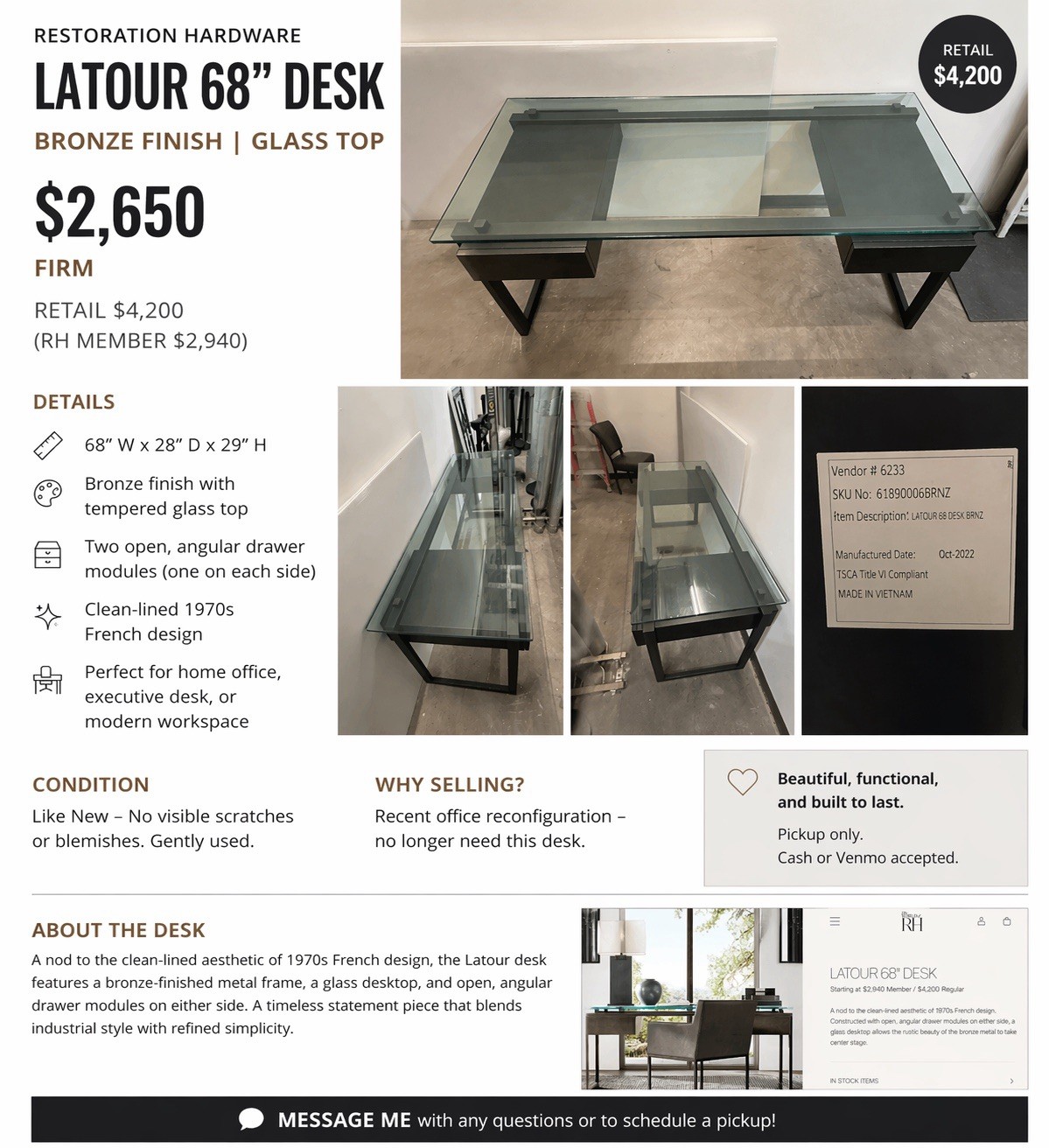 Restoration Hardware Latour 68”