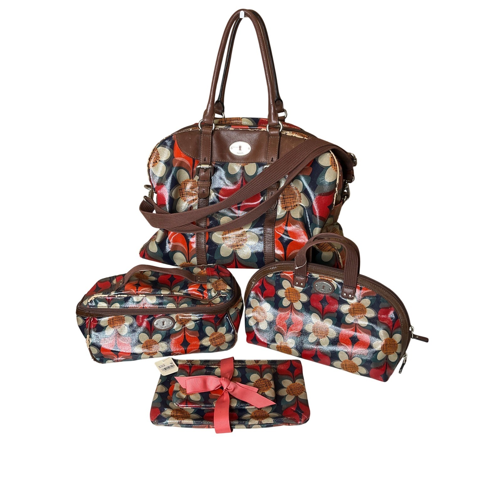 Vintage Fossil Key-Per Canvas Coated Travel (5) Set Weekender Tote & Accesories