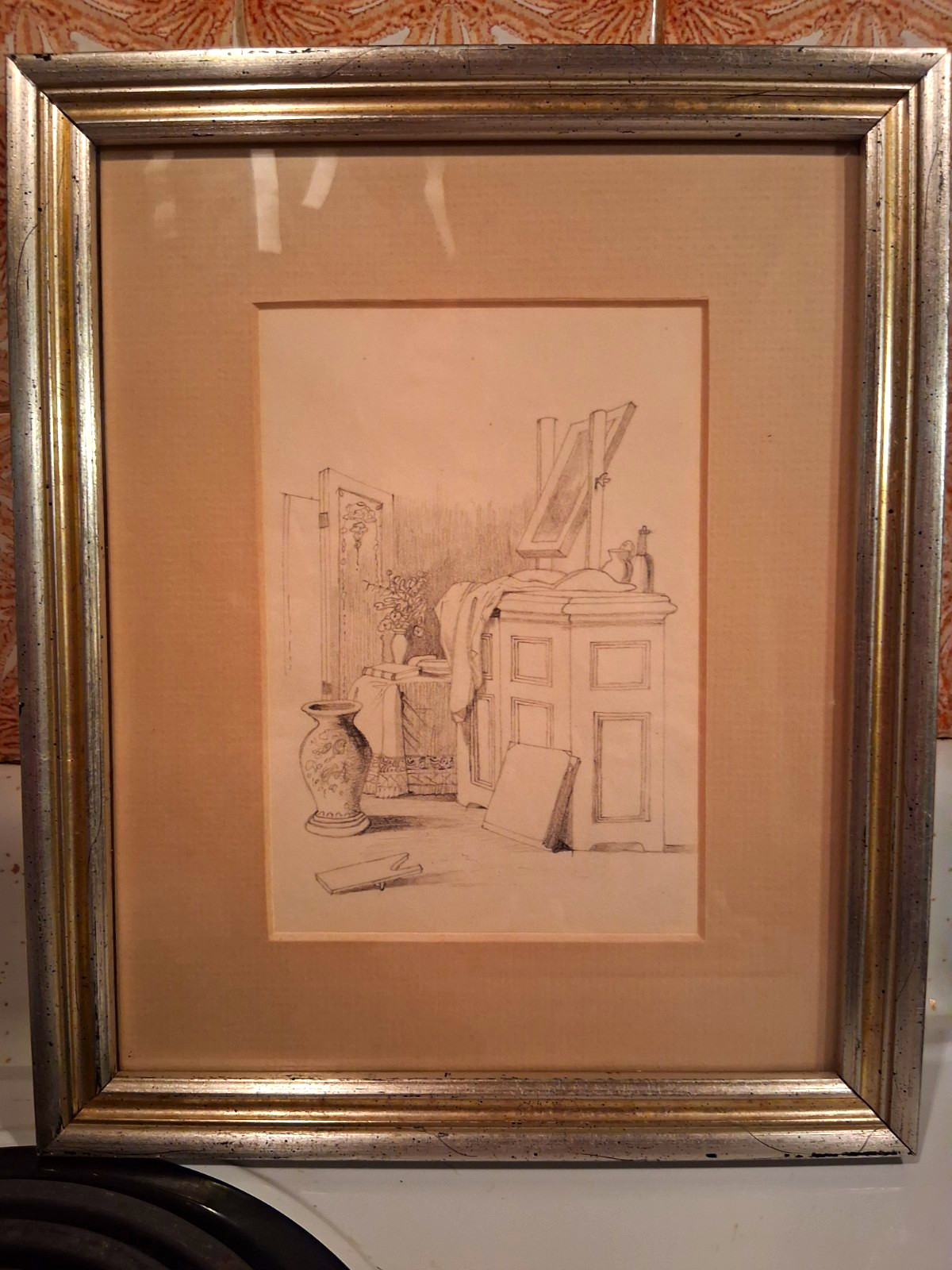 M. E. Plummer Pencil Still Life Interior Drawing Signed Matted & Framed 1846-47 M. E. Plummer Pencil Still Life Interior Drawing Signed Matted & Framed 1846-47
