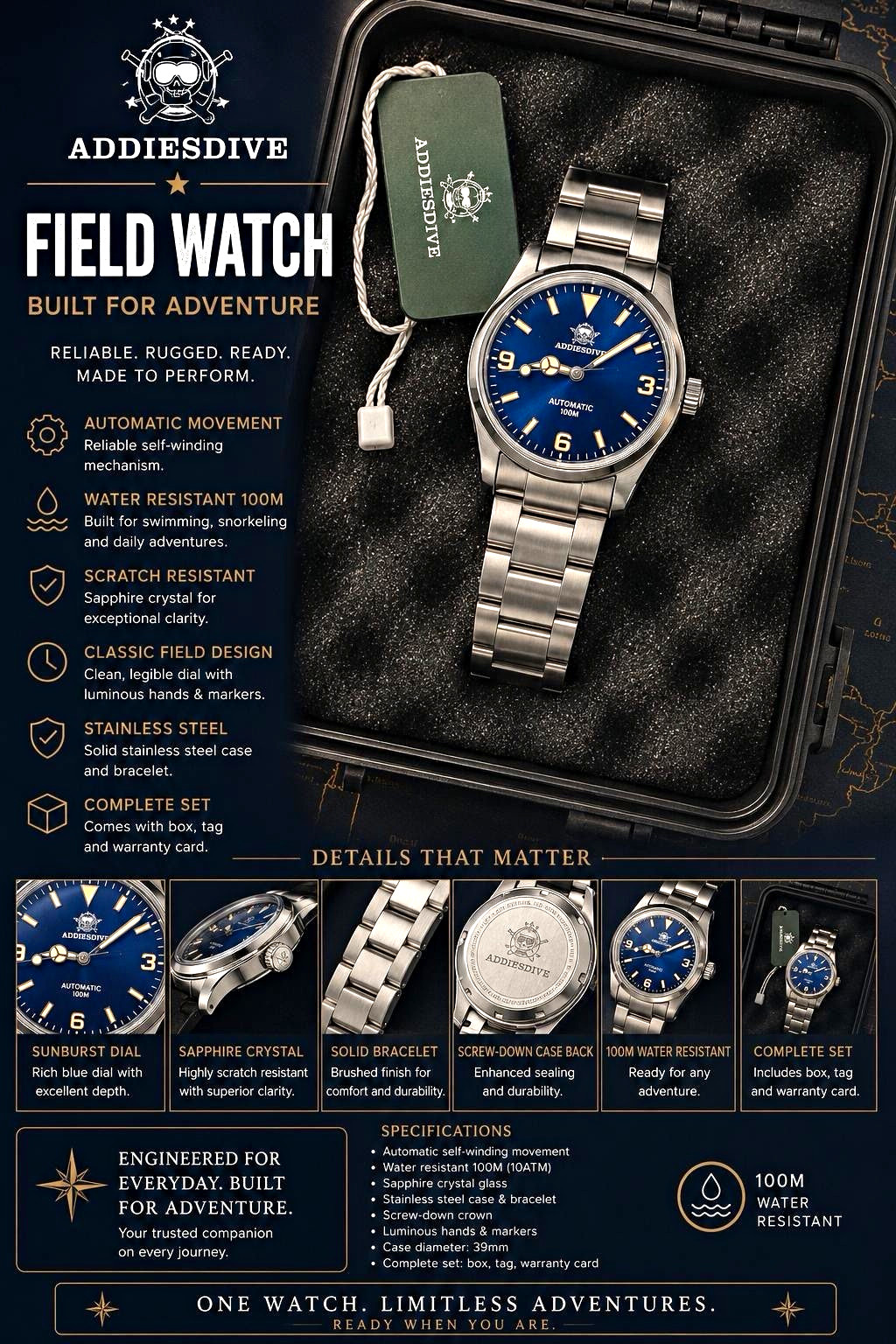 Addiesdive AD2112 Automatic Blue Dial 39mm SS Bracelet 100m Addiesdive AD2112 Automatic Blue Dial 39mm SS Bracelet 100m