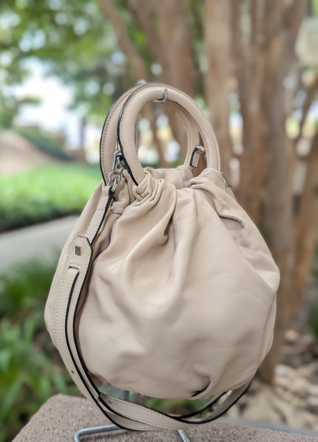 LOEWE Anagram Bounce Lambskin Leather 2-Way Shoulder Crossbody Bag BEIGE Silver