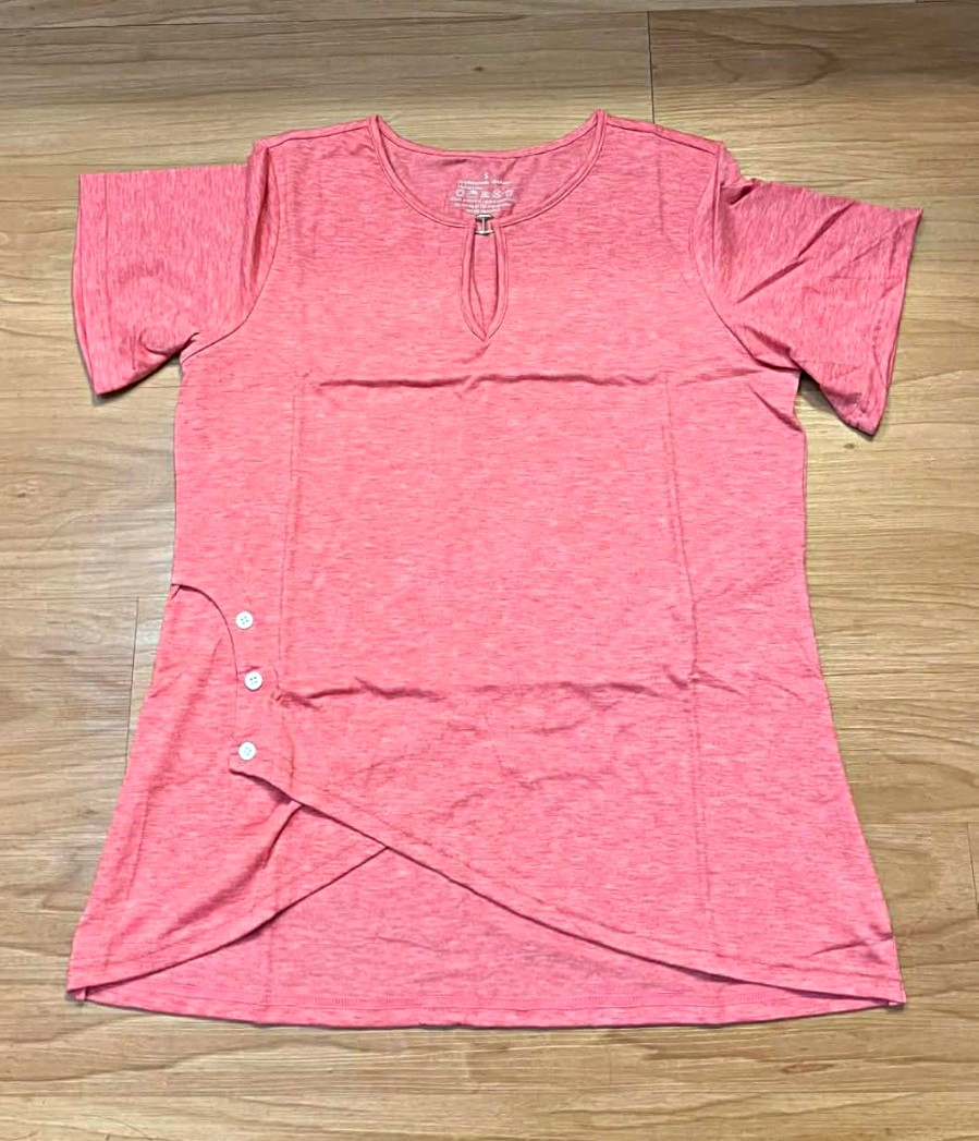Women’s Pink Solid Knit Polyester Pullover T-Shirt, Short Sleeve, Button, M Women’s Pink Solid Knit Polyester Pullover T-Shirt, Short Sleeve, Button, M