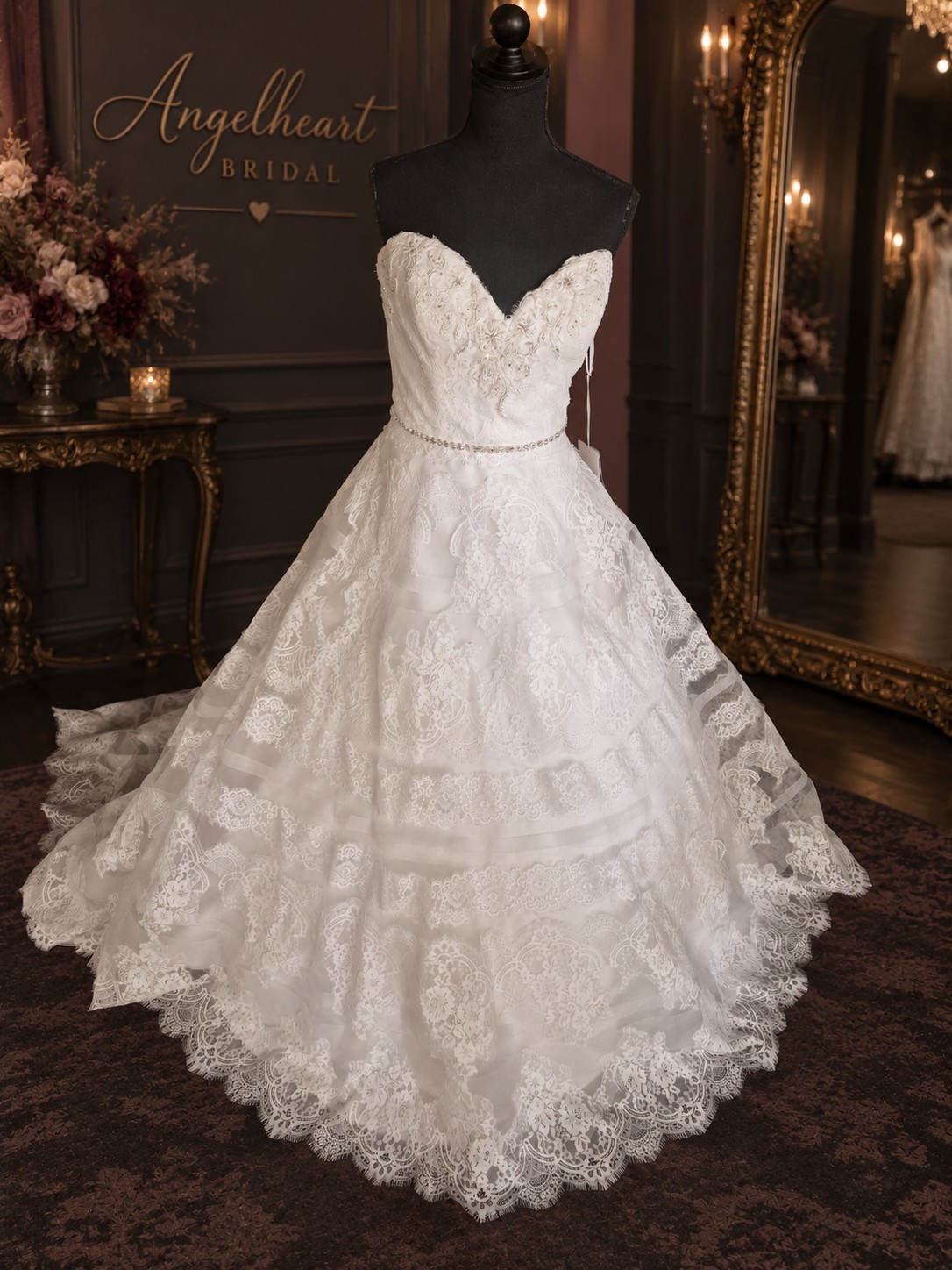 Nwt Adrianna Papell Platinum Bridal Wedding Gown Dress Lace Train 
