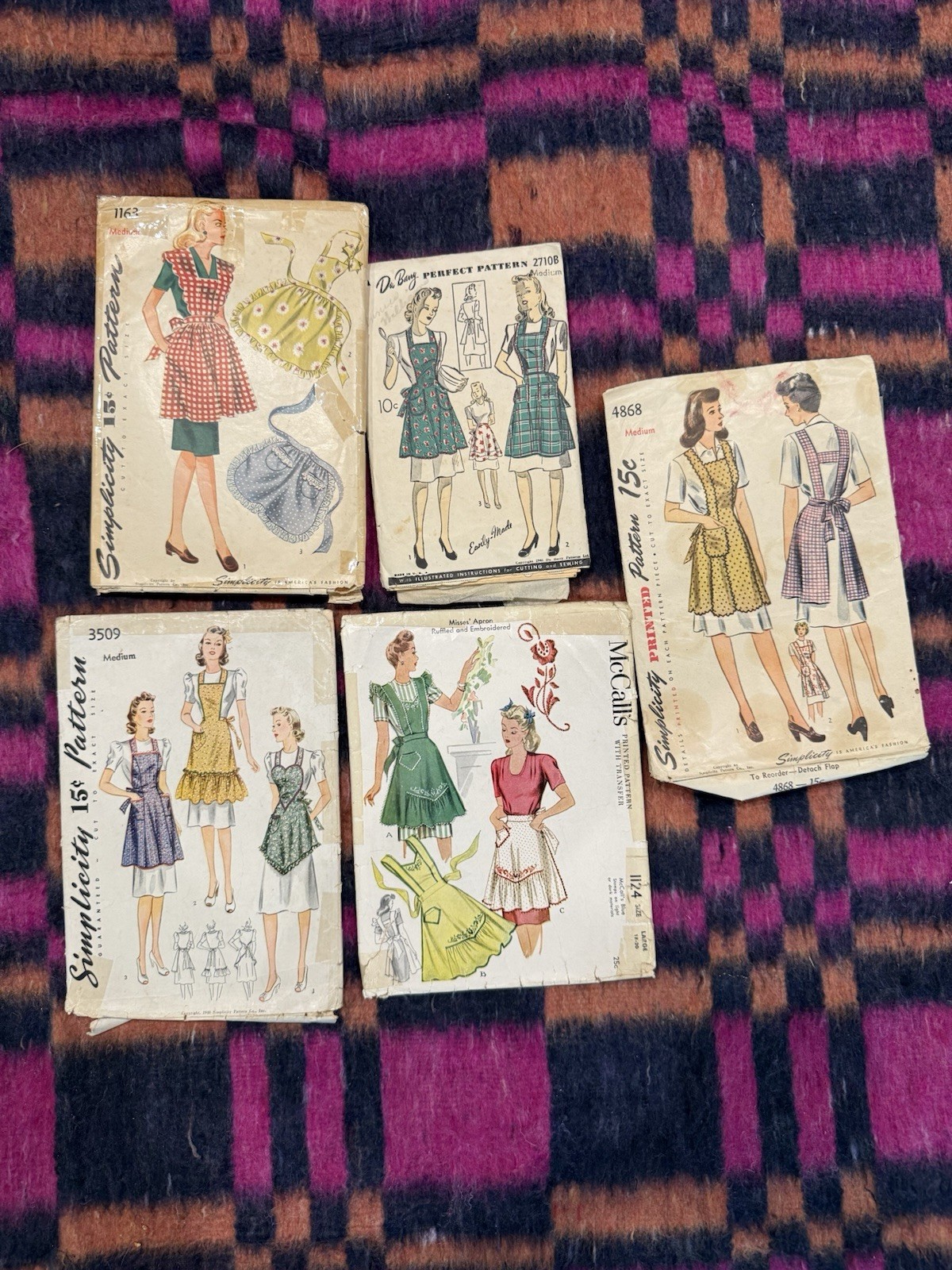 VTG 1940s Apron Sewing Pattern Lot 5 Simplicity McCall DuBarry Heart Bib Ruffle