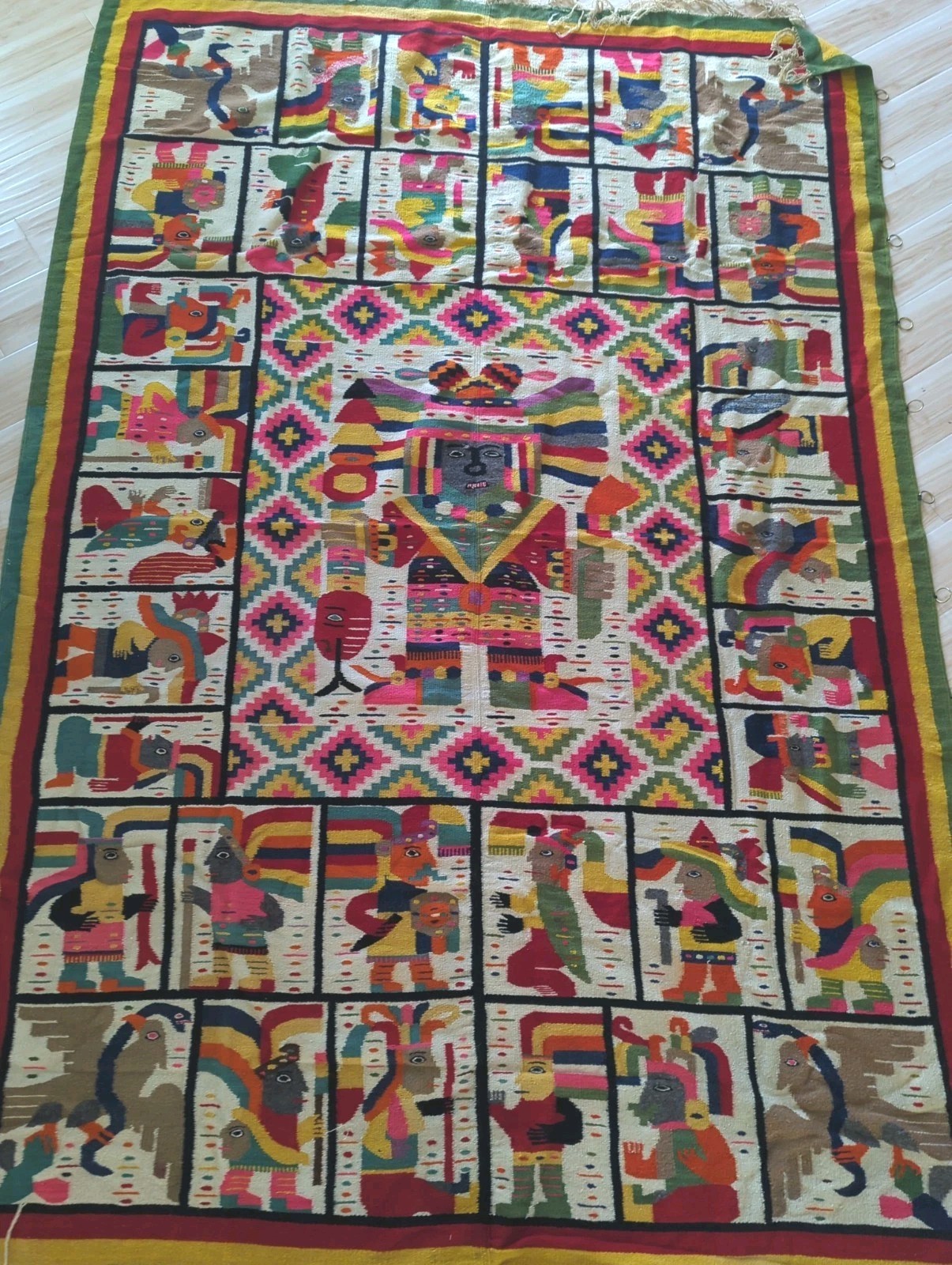Vtg Mexican Aztec Mayan Folkloric Themed Wool Hanging Tapestry Rug 70x103 Vtg Mexican Aztec Mayan Folkloric Themed Wool Hanging Tapestry Rug 70x103
