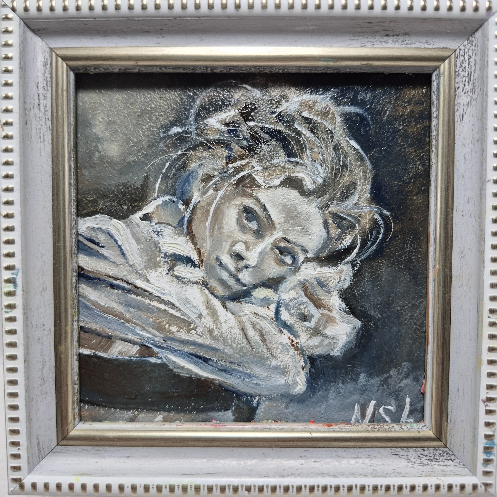 An original oil painting, signed and framed. Portrait of a young woman, 4x4