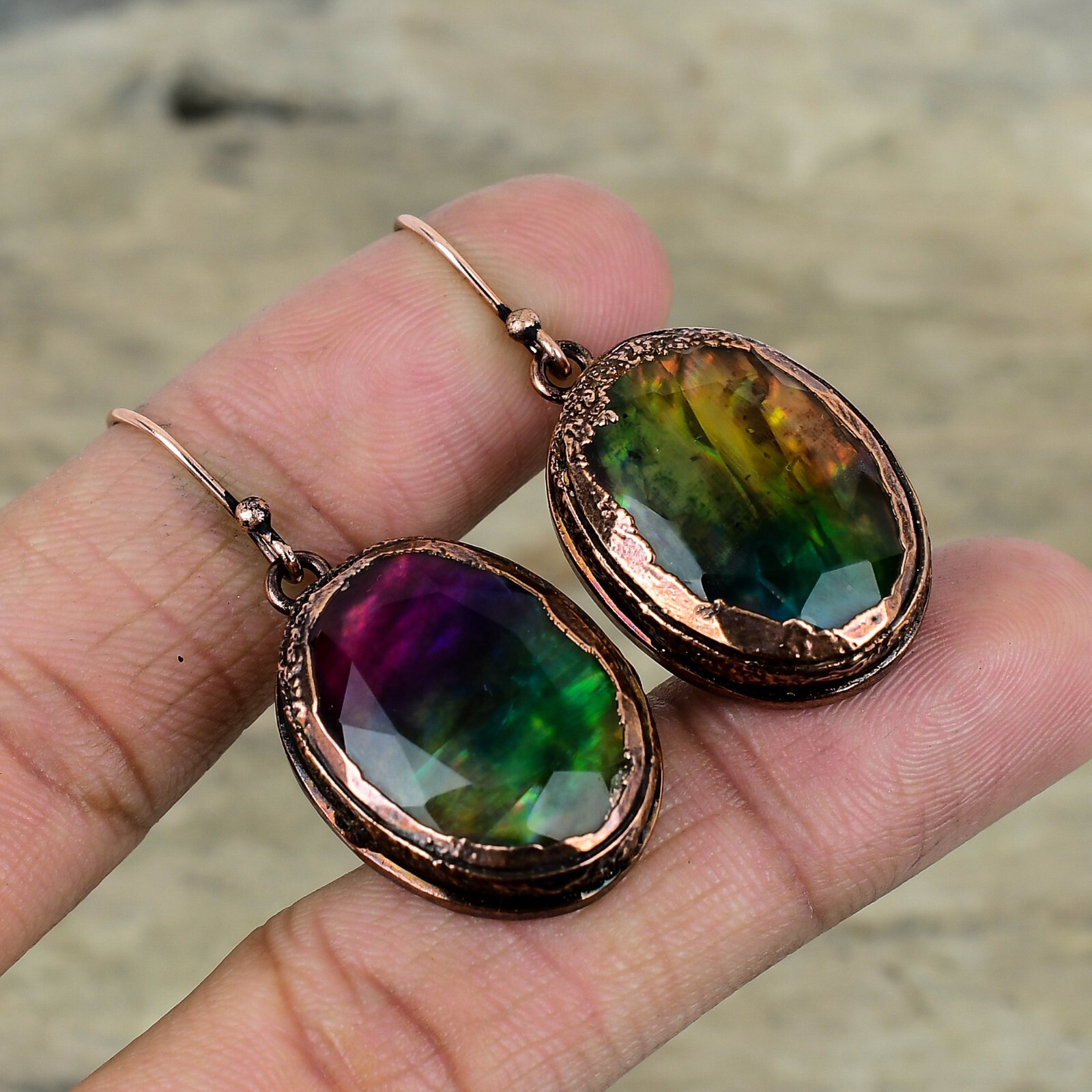 Ammolite Jewelry Copper Friend Gift Electroformed Drop/Dangle Earrings 1.85