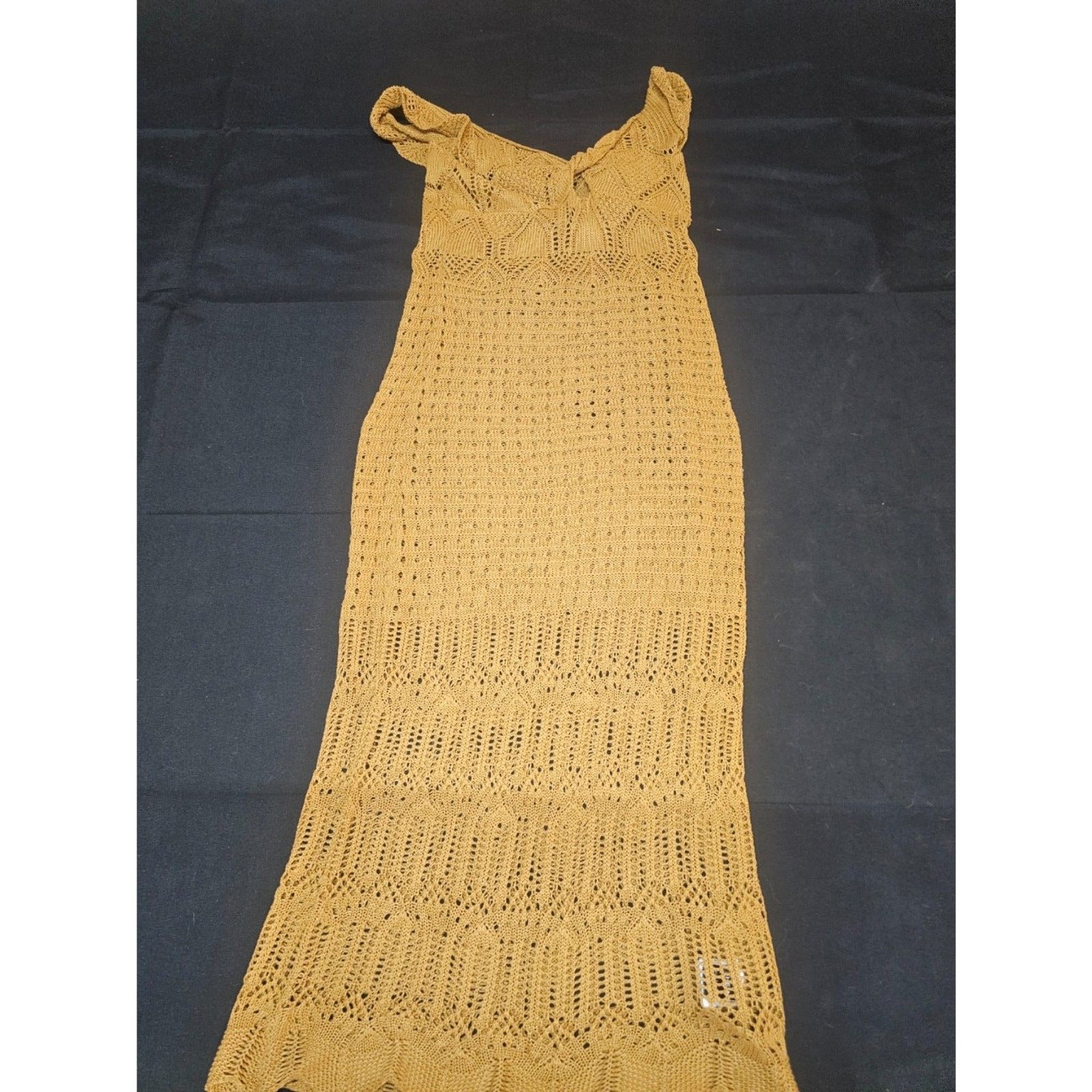 Boho Mustard Yellow Pointelle Knit Crochet Maxi Dress Swim Cover-Up Size m Boho Mustard Yellow Pointelle Knit Crochet Maxi Dress Swim Cover-Up Size m