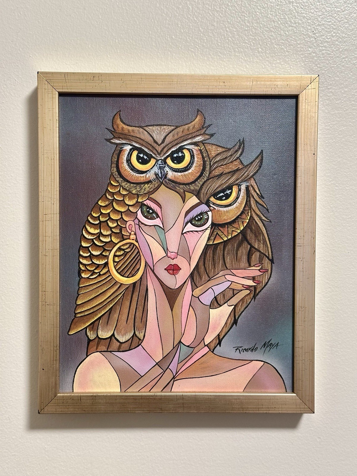 RICARDO MAYA (1969) ORIGINAL PAINTING | Owl Woman | Abstract Surreal Portrait