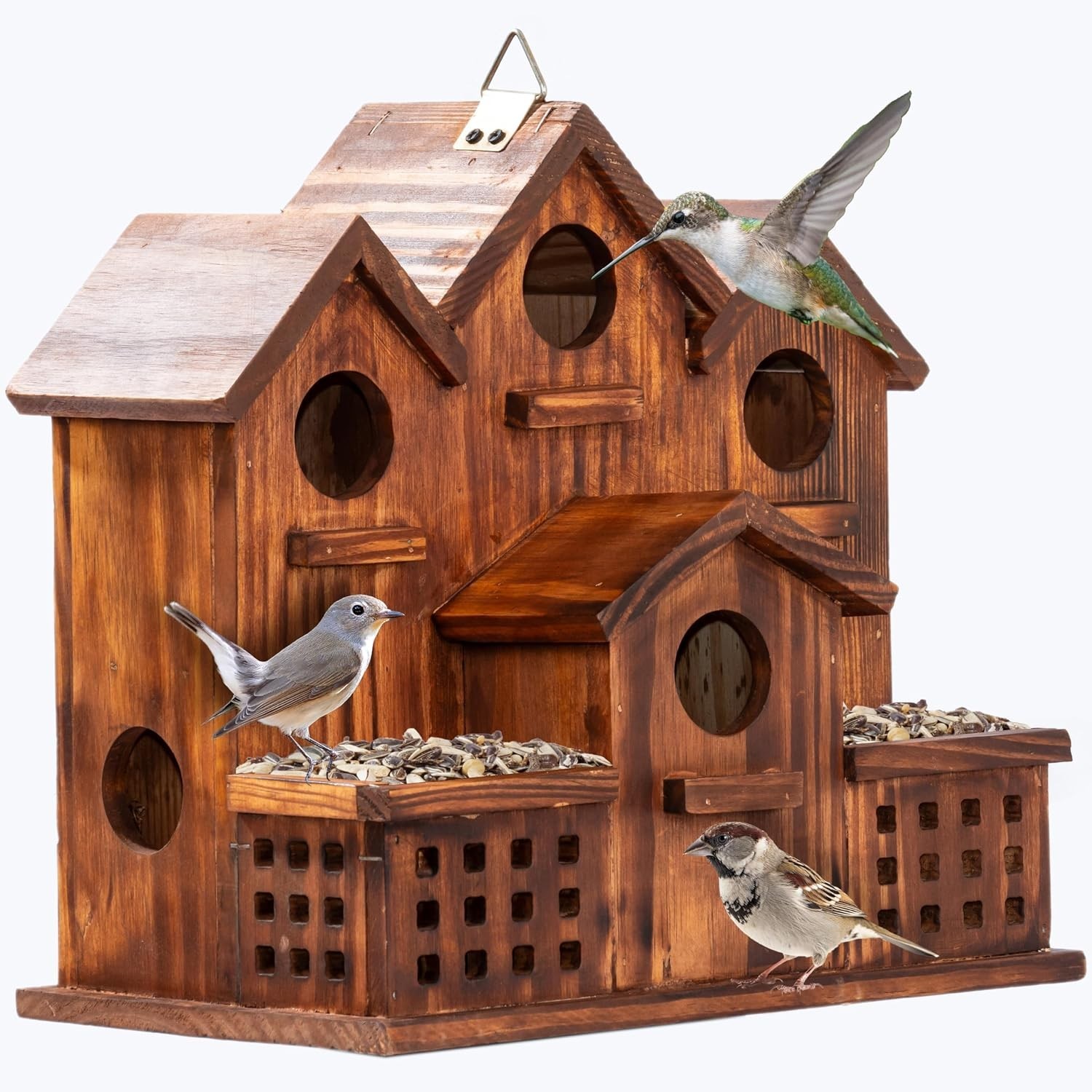Bird House Outdoor with Feeder, 6-Room Wooden Birdhouse for Outdoors & O Bird House Outdoor with Feeder, 6-Room Wooden Birdhouse for Outdoors & O