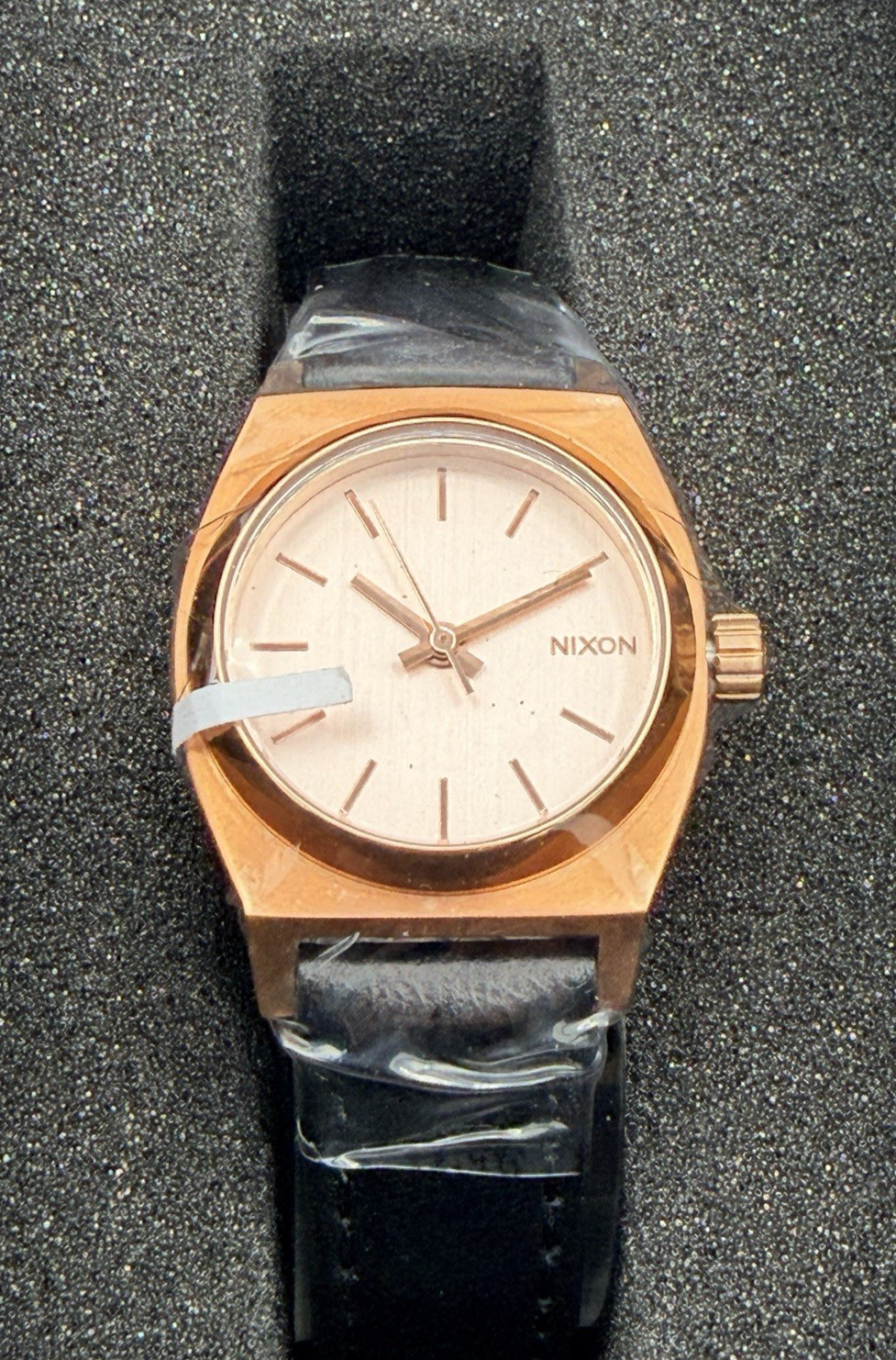 Nixon Women\'s Small Time Teller Rose Gold-Tone Watch with Black Leather Band New