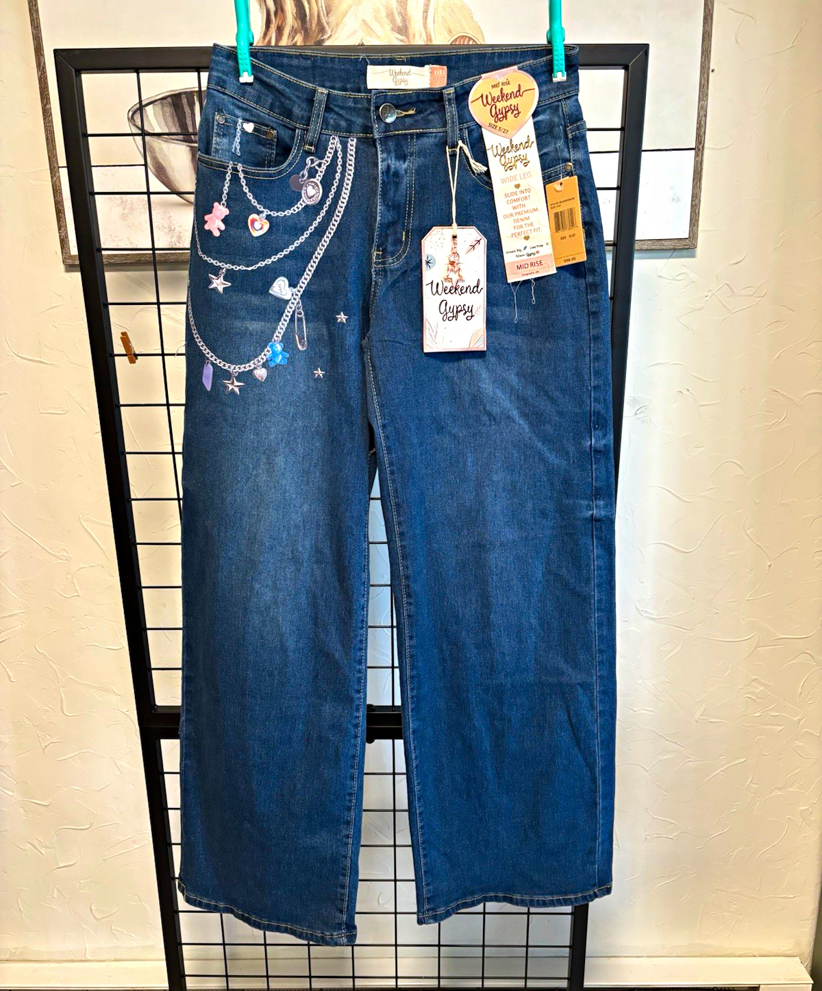 NWT Weekend Gypsy Womens Wide Leg Jeans Size 5/27 Mid Rise Dark Wash Denim Boho