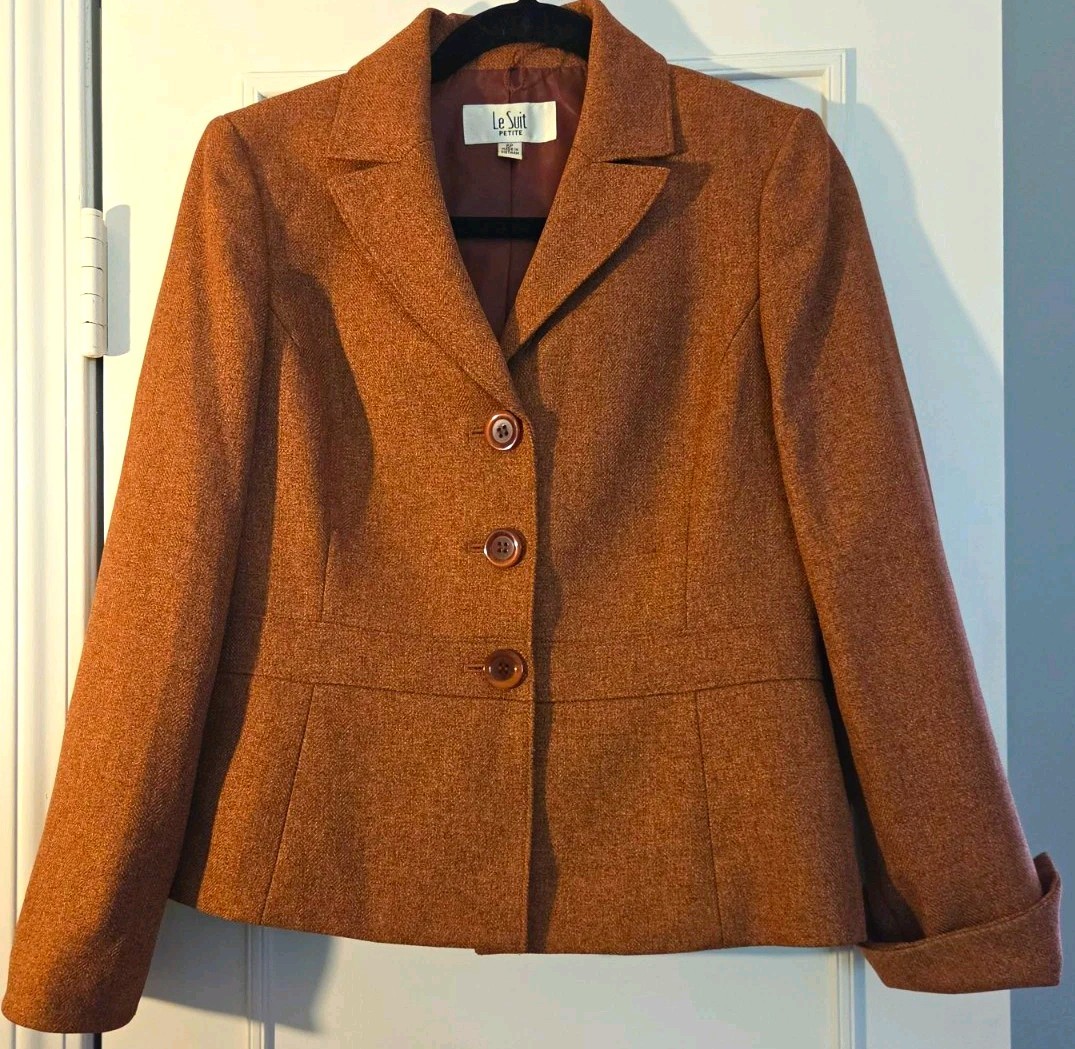 Vintage Le Suit Women Petite 6P Brown Lined Notch Blazer Single Breasted Vintage Le Suit Women Petite 6P Brown Lined Notch Blazer Single Breasted