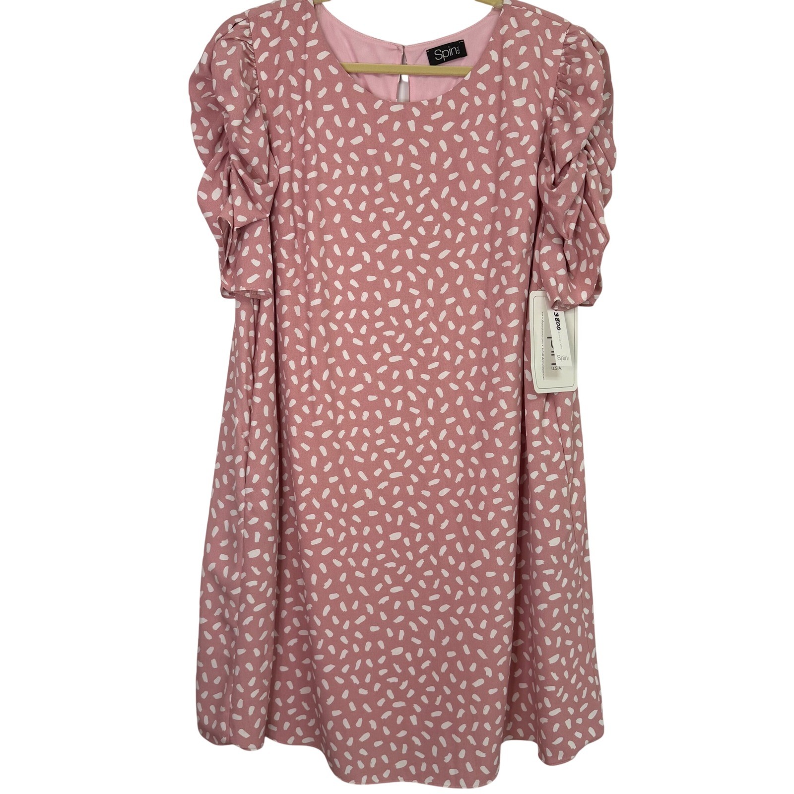 Spin USA Pink White Abstract Print Ruched Puff Sleeve Shift Dress Pockets 1X NWT