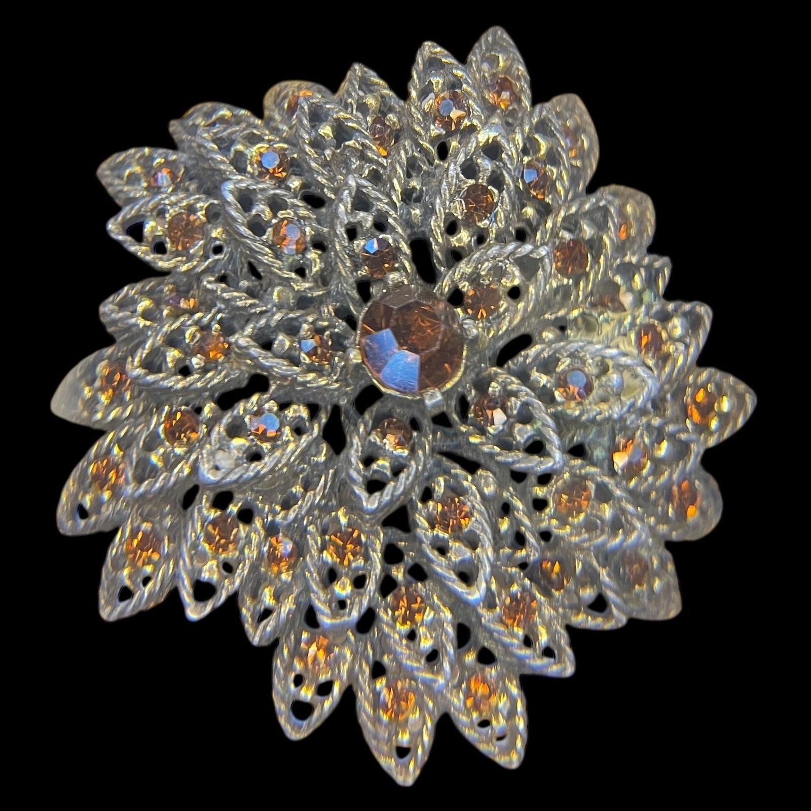 Selini Vintage Signed Floral Brooch Mid Century Gold Tone Amber Rhinestones 1960