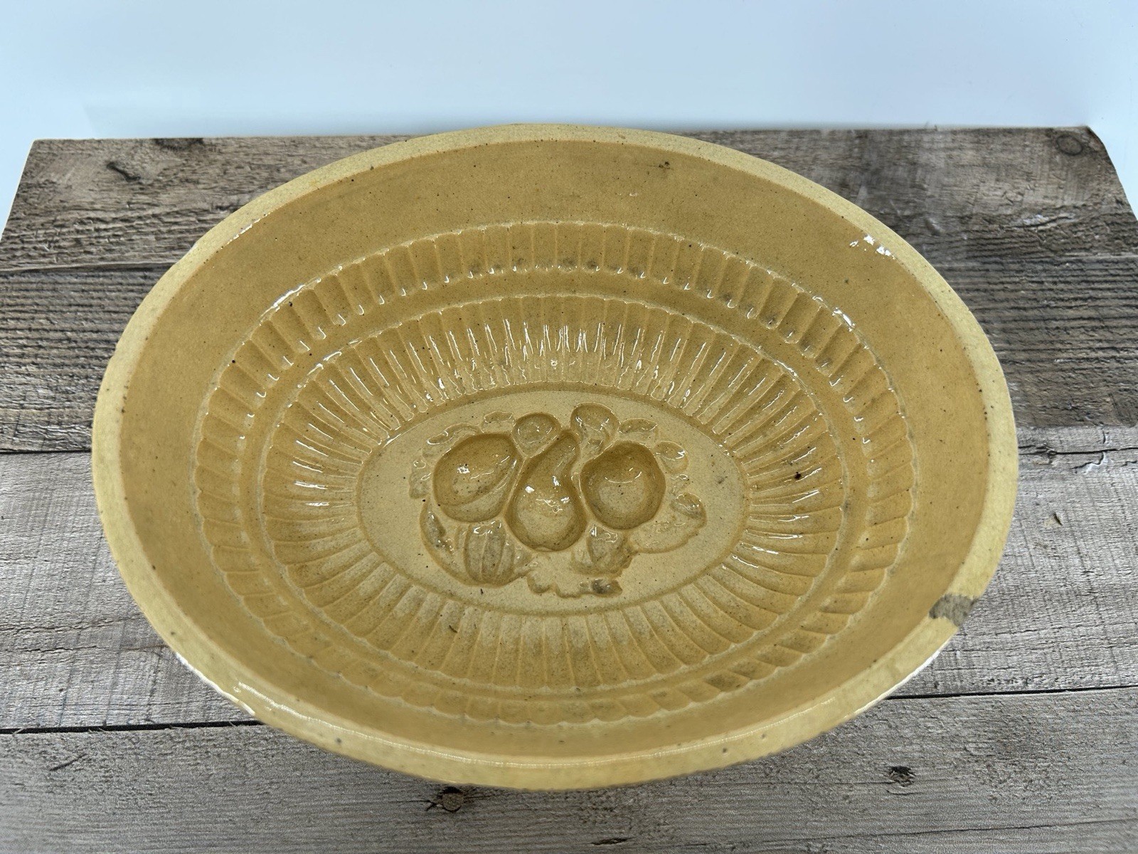 Antique Yellow Ware Fruit Pattern Mold Bowl Stoneware