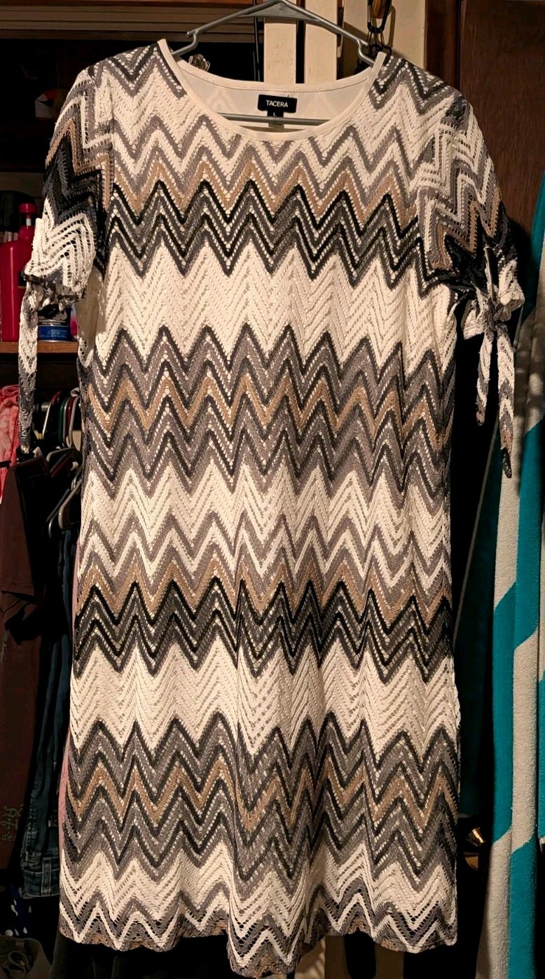 Tacera Womens L Ivory Gray Chevron Lace Shift Dress Round Neck Lined Knee Nwot Tacera Womens L Ivory Gray Chevron Lace Shift Dress Round Neck Lined Knee Nwot