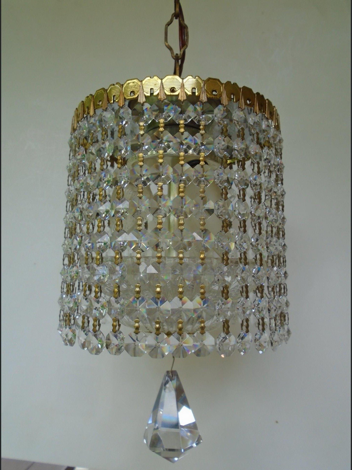 VTG Mid Century Crystal Basket Chandelier Swag Lamp Plug In Brass Palwa Style