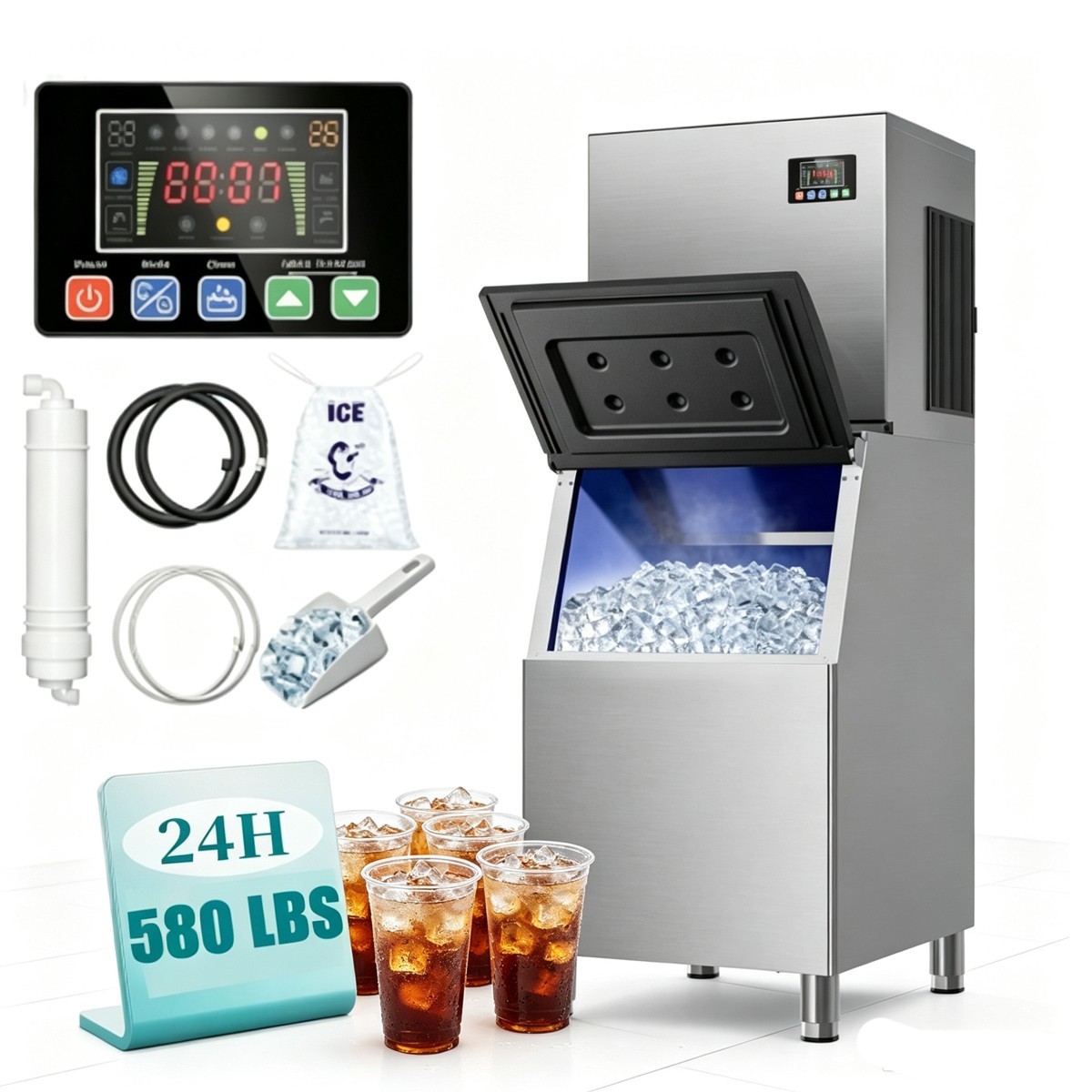 NSF Commercial Ice Maker 580 LBS/24h with 460 LBS Storage Bin NSF Commercial Ice Maker 580 LBS/24h with 460 LBS Storage Bin