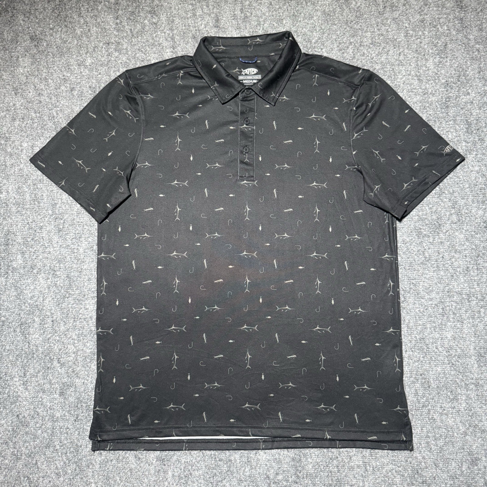 AFTCO Performance Polo Shirt Men Medium Black Fish Hook Pattern Tackle Golf AFTCO Performance Polo Shirt Men Medium Black Fish Hook Pattern Tackle Golf