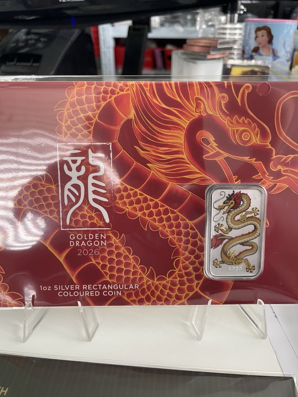 Perth Mint- Golden Dragon 2026 1oz Silver Coloured Rectangular Coin in Card
