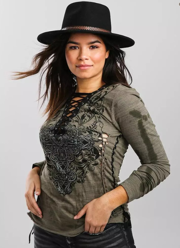 New Women\'s Affliction Long Sleeve  Vintage Lace Charlotte Oak Green T-Shirt Top