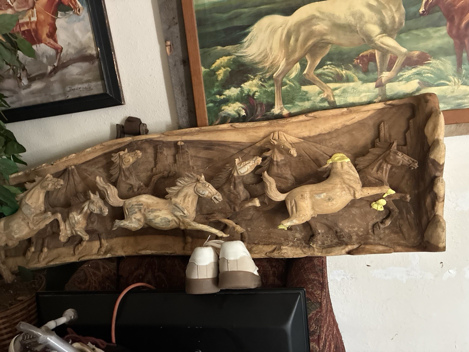 6ft Huge Vintage Hand-Carved Solid Wood Horse Stampede Wall Sculpture