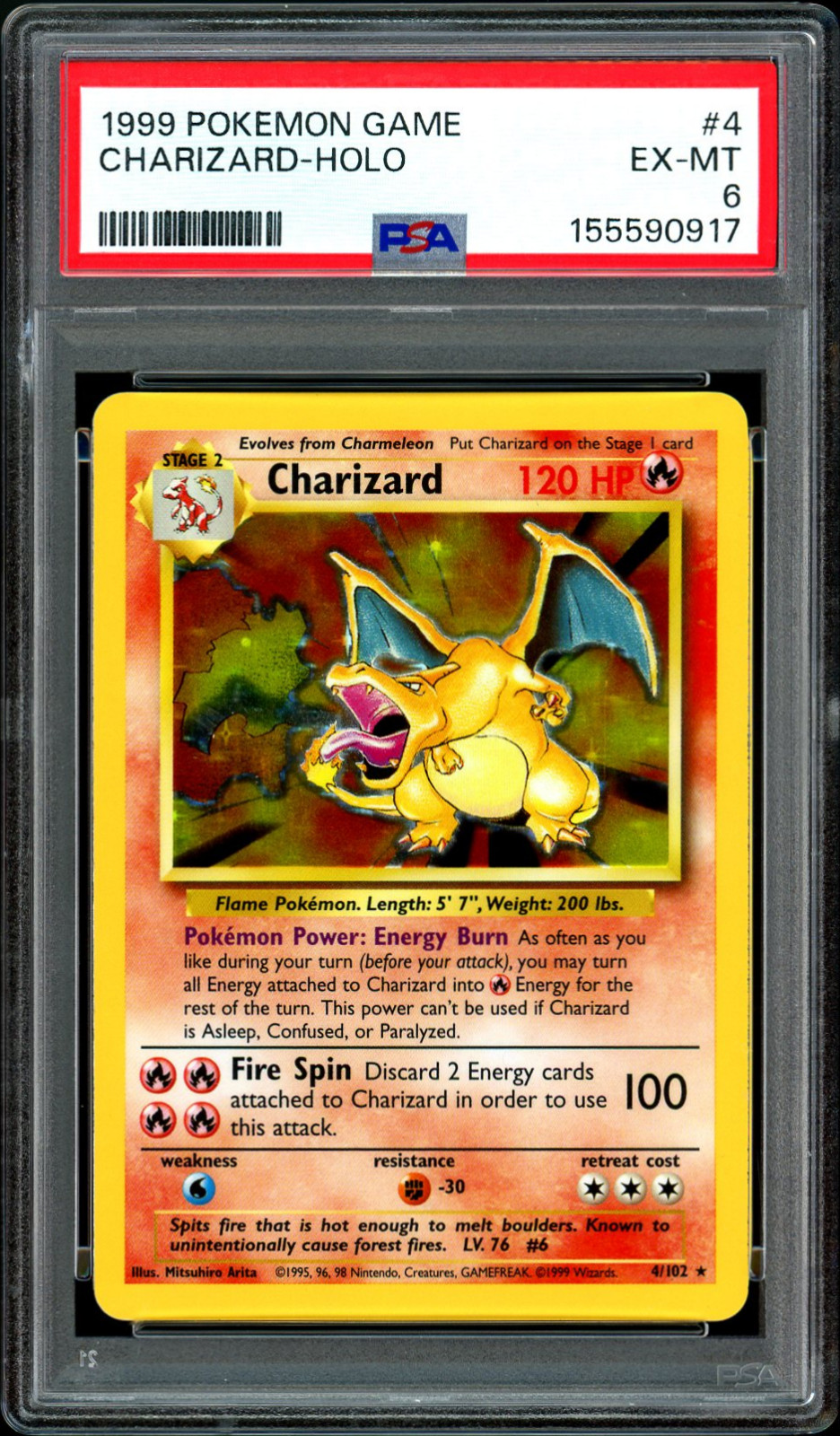 1999 Pokemon Base Set Charizard Holo #4 PSA 6 EX-MT Unlimited WOTC 1999 Pokemon Base Set Charizard Holo #4 PSA 6 EX-MT Unlimited WOTC