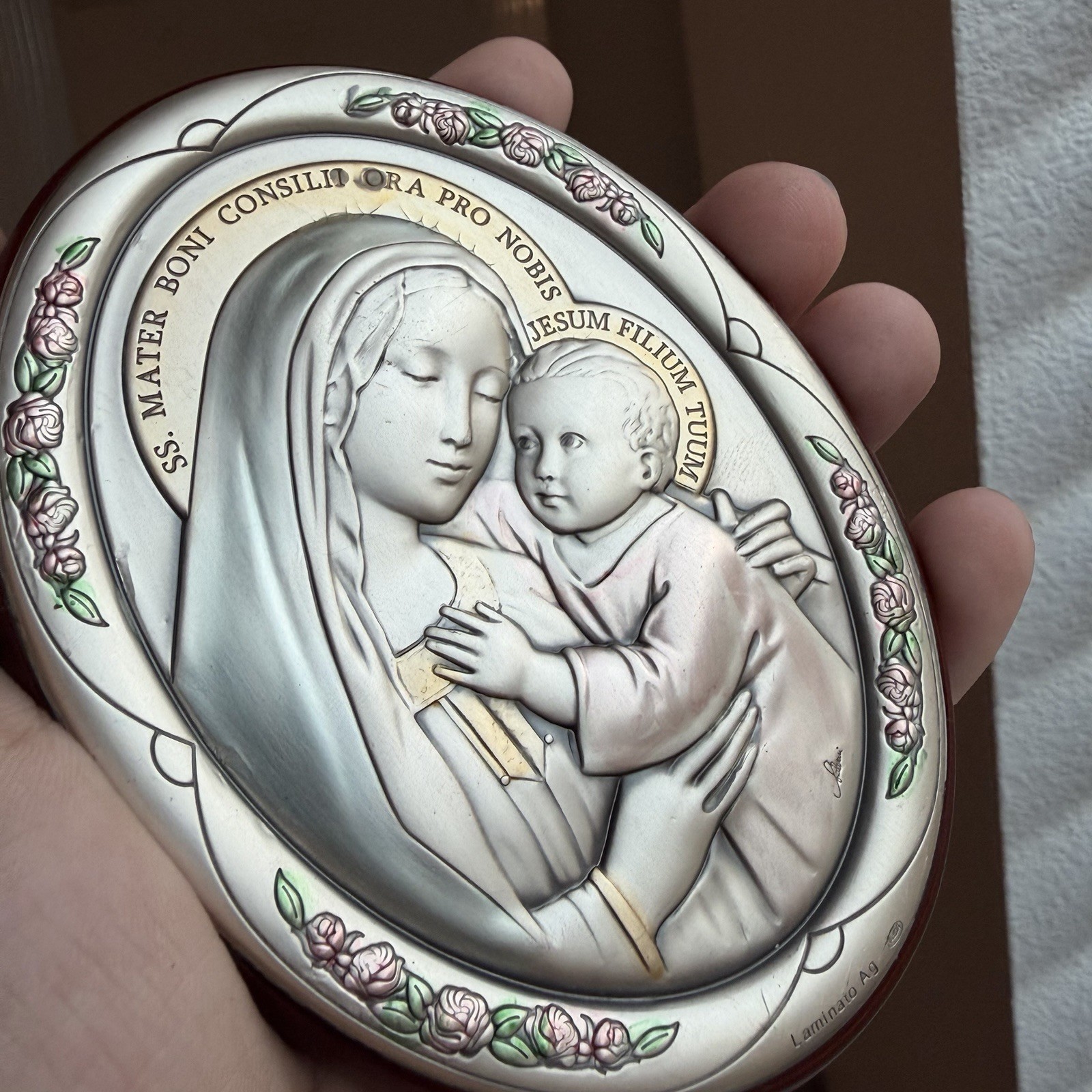 Vintage Italian Laminato Ag Sterling Silver Our Lady of Good Counsel Plaque Icon Vintage Italian Laminato Ag Sterling Silver Our Lady of Good Counsel Plaque Icon