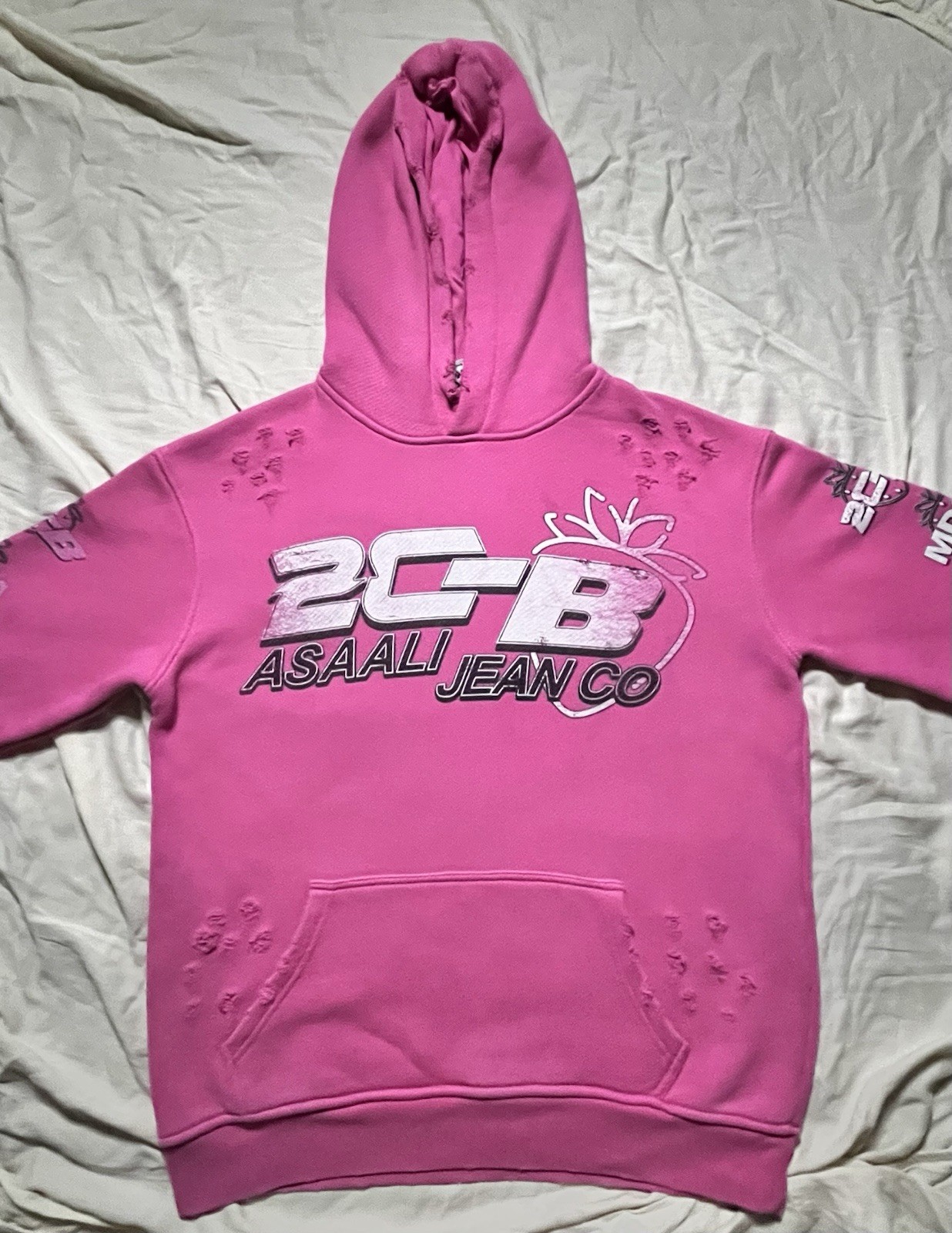 Asaali Jean Co 2CB Pink Distressed Graphic Hoodie Mens M NO RESERVE