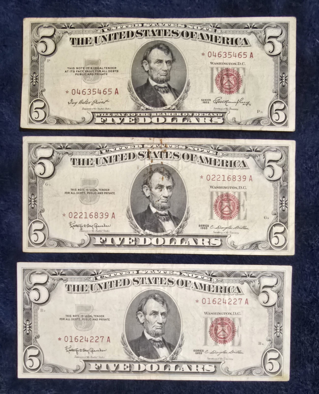 Lot of (3) Vintage $5 Red Seal Star Notes - Series 1953 & 1963 - Rare...
