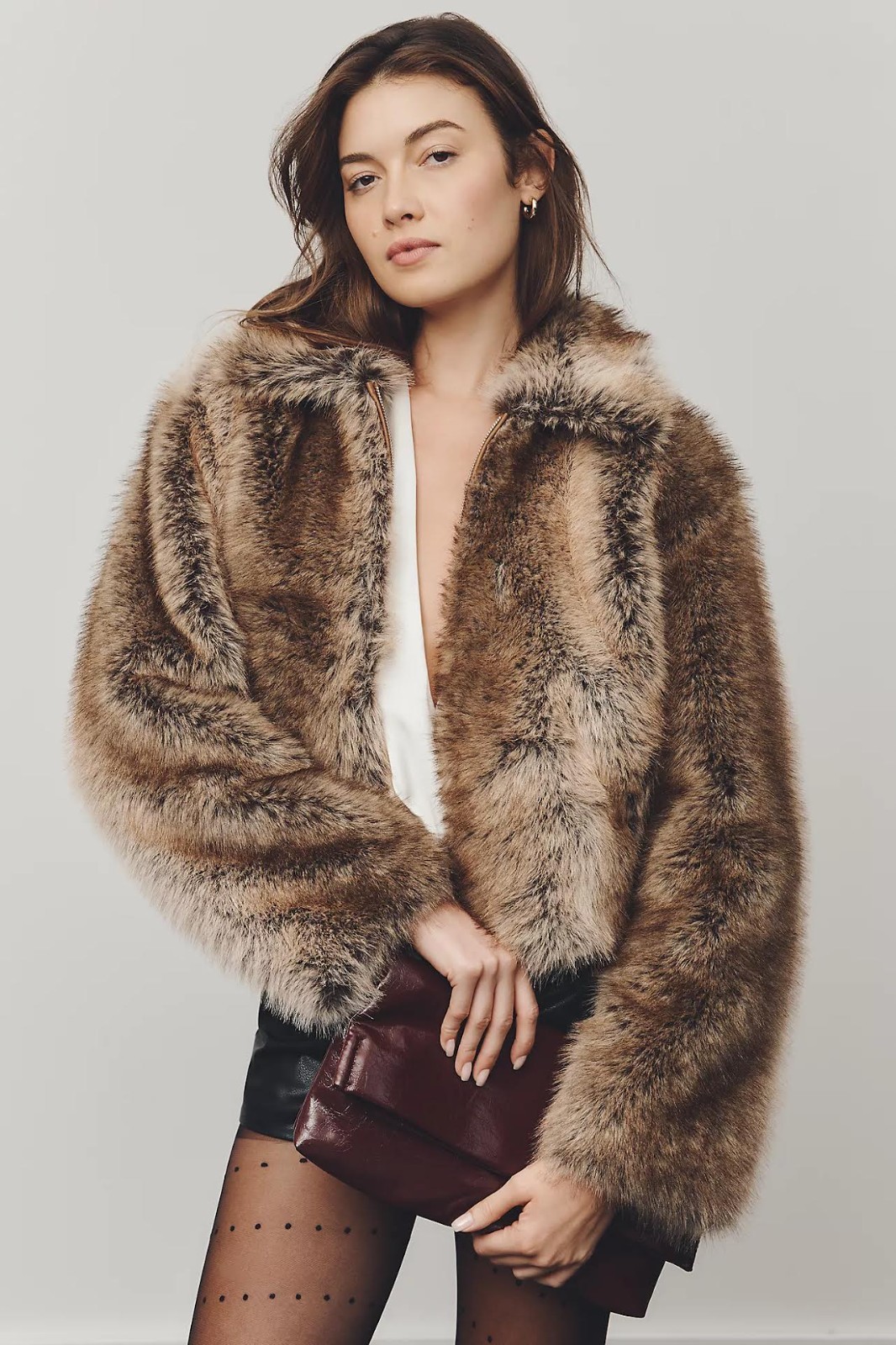 Anthropologie Maeve Crop Jacket Brown Rae Faux Fur Preppy Cozy Retro XS NWT $168