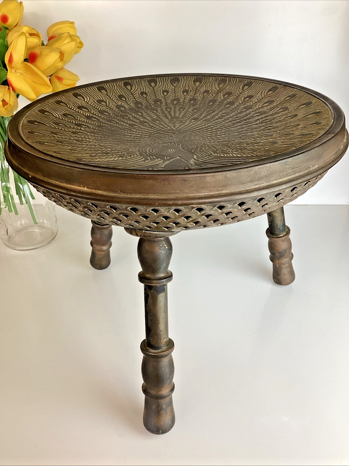 Antique 1930\'s Turkish Brass Bath Stool Peacock Top Bohemian Foot Warmer Antique 1930\'s Turkish Brass Bath Stool Peacock Top Bohemian Foot Warmer