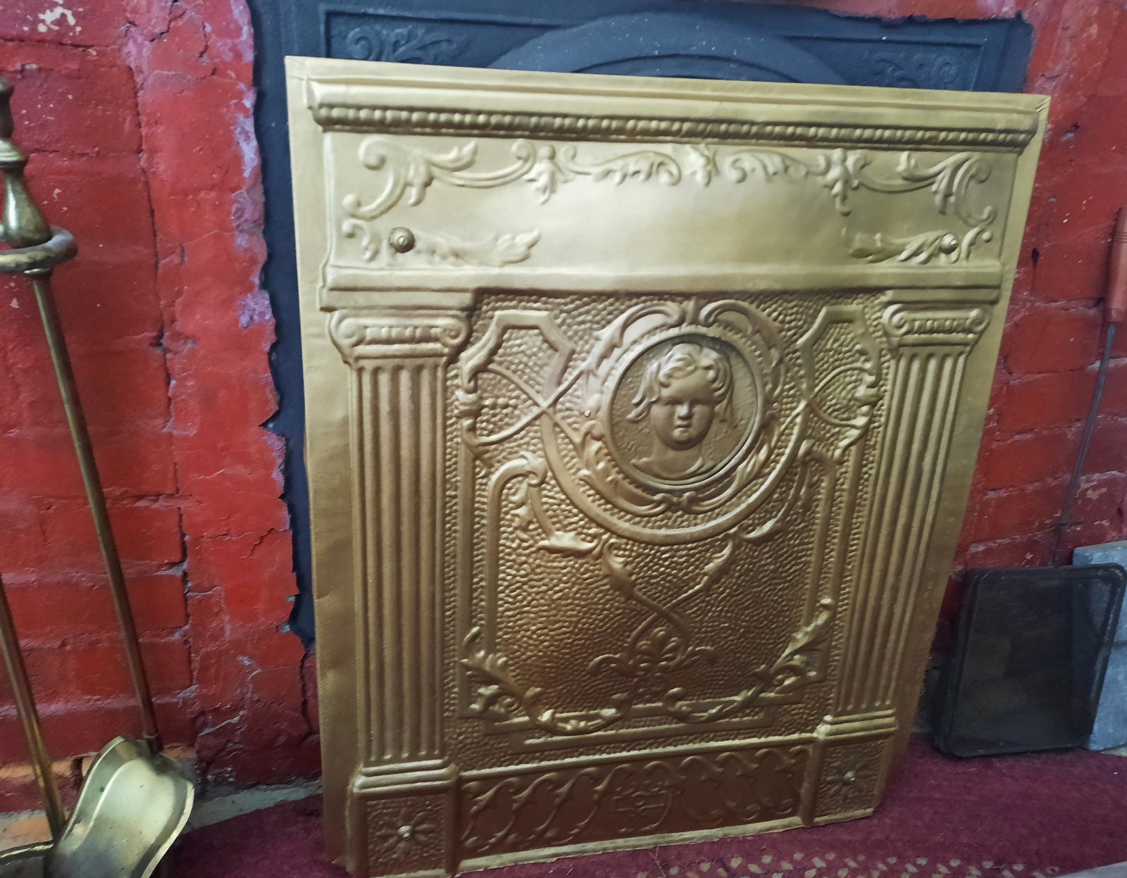 Antique Victorian Tin Fireplace Cover. Ornate with Cherub and Access Panel Antique Victorian Tin Fireplace Cover. Ornate with Cherub and Access Panel