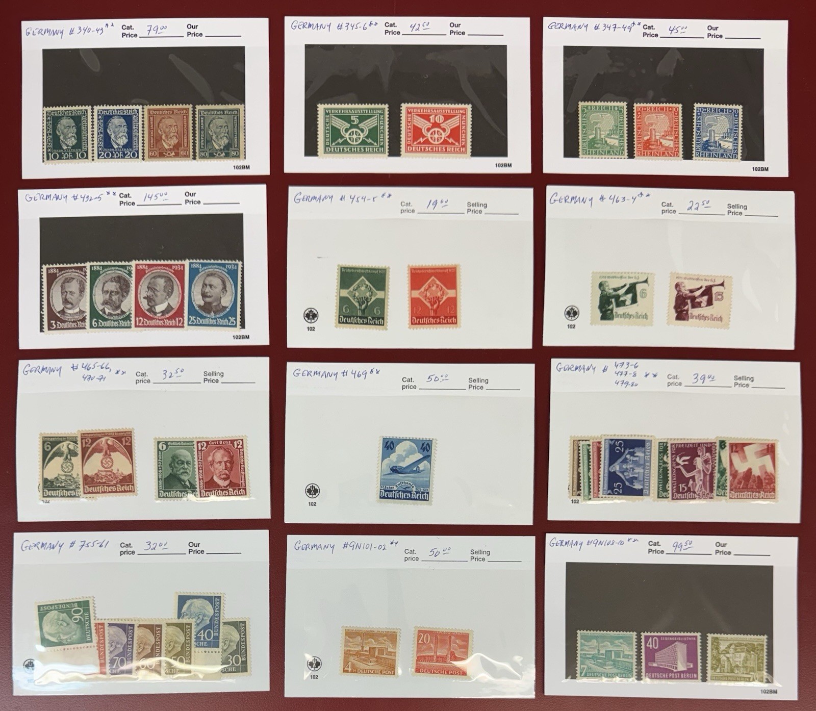 Germany, 1924-1957, Lot of Mint N.H. on 102 Cards, Total Scott Value: $656.00 Germany, 1924-1957, Lot of Mint N.H. on 102 Cards, Total Scott Value: $656.00