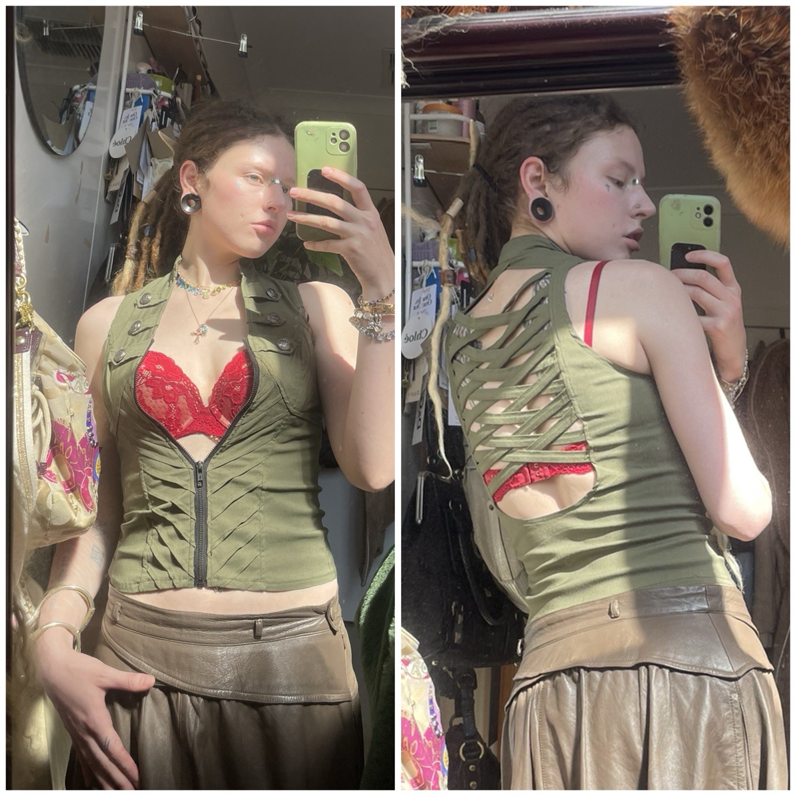 VINTAGE 2000s ICE Khaki Military Steampunk Backless Vest Doof Festival Y2K 6-10 VINTAGE 2000s ICE Khaki Military Steampunk Backless Vest Doof Festival Y2K 6-10