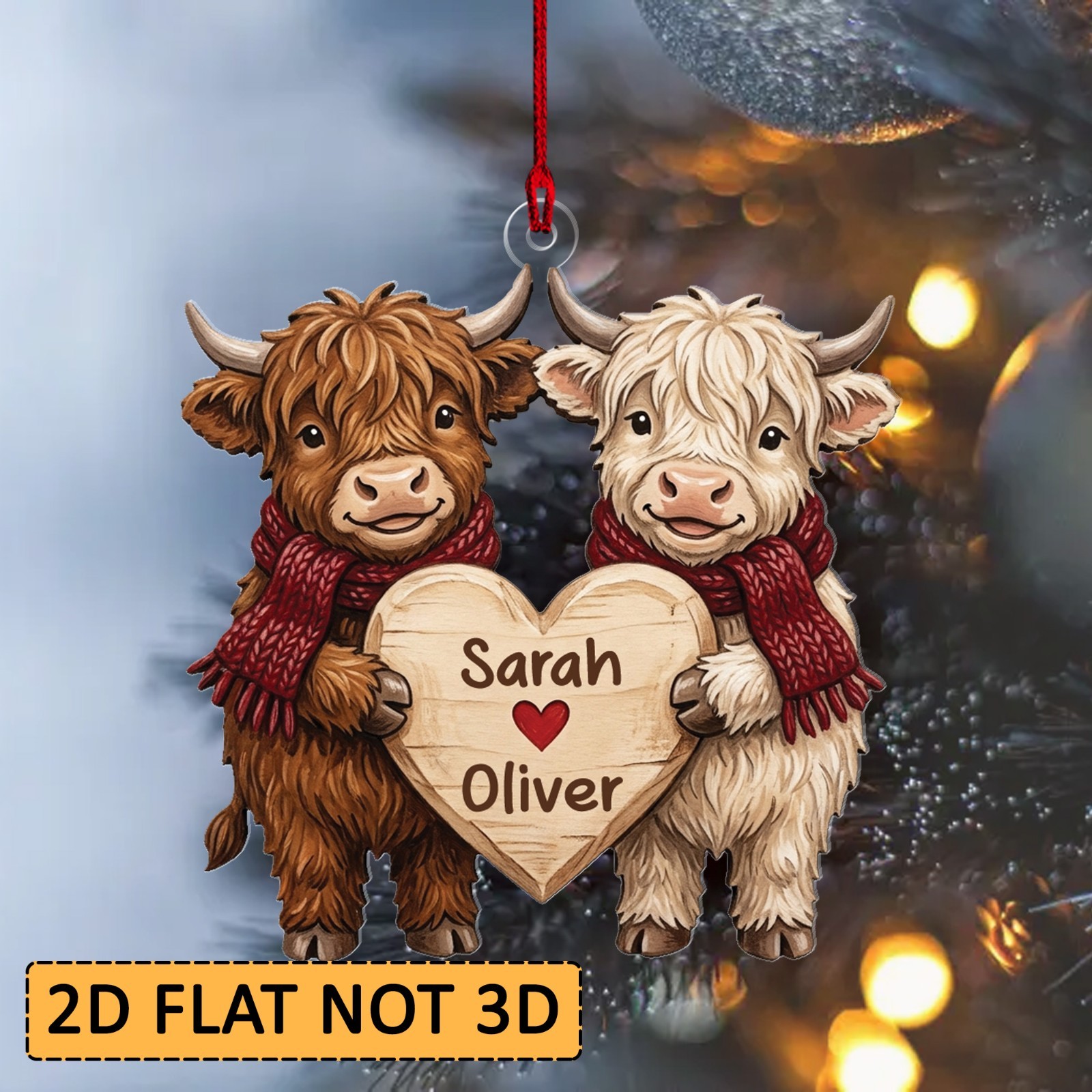 Personalized Highland Cow Couple Heart 2D FLAT Ornament, Custom Boyfriend Gift