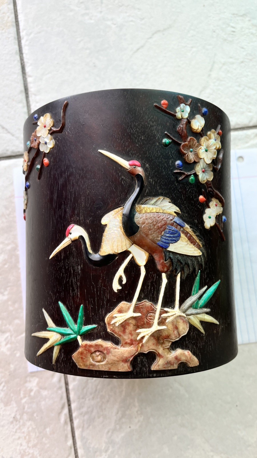 Old Collection Chinese Rosewood Flower Crane Statue Brush Pot Pencil Vase Old Collection Chinese Rosewood Flower Crane Statue Brush Pot Pencil Vase