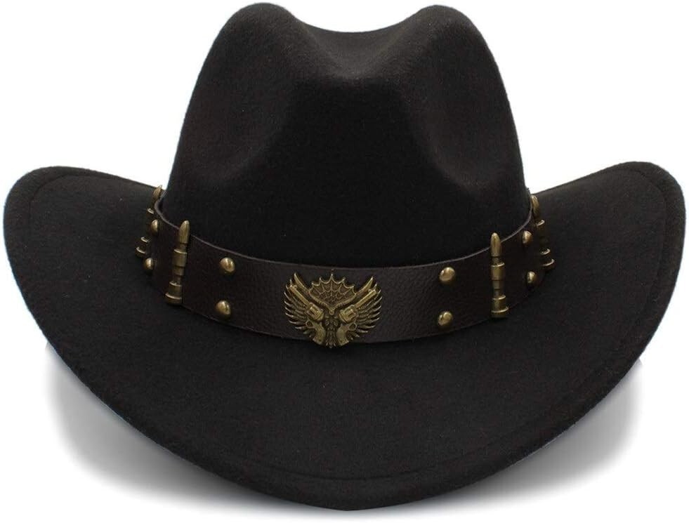 Black Western Cowboy Cowgirl Hat, Revolver Gun Bullet Strap, Men Women Wide Brim Black Western Cowboy Cowgirl Hat, Revolver Gun Bullet Strap, Men Women Wide Brim