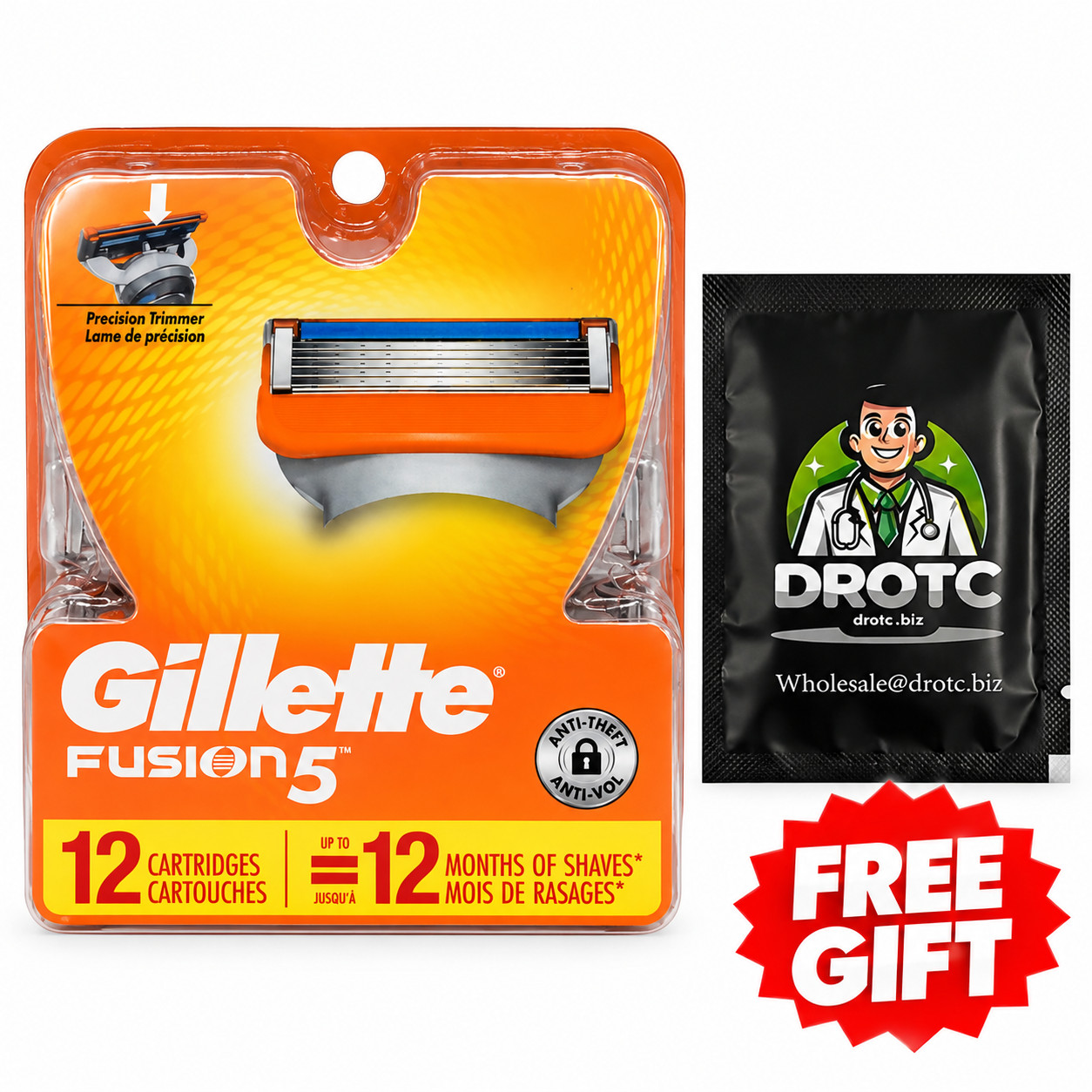 Gillette Fusion 5 Refill Cartridges 12 Count For Men + Free Eye Wipe EXP 06/27