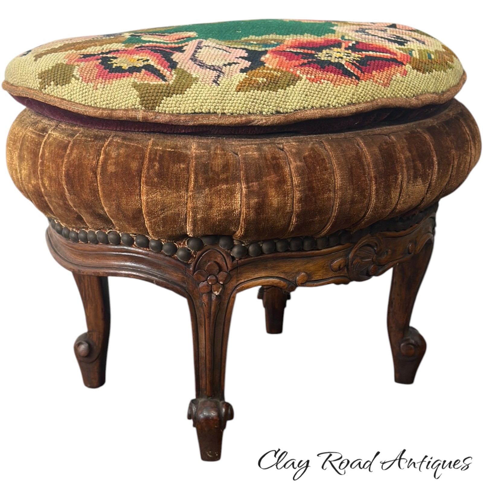 Antique 19th C French Louis XV Carved Walnut Needlepoint Footstool Ottoman