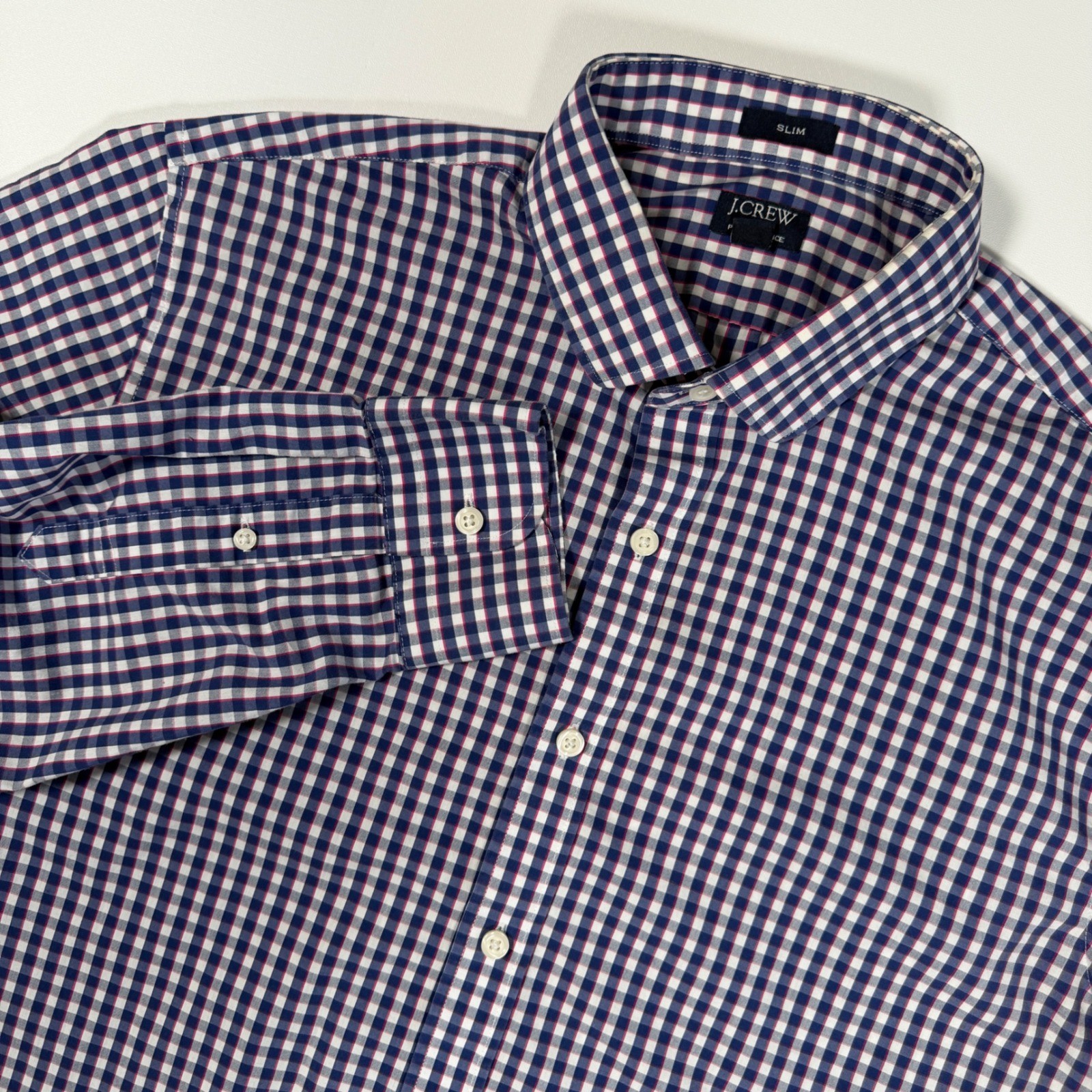 J.Crew Performance Shirt Men Large Slim Fit Navy White Gingham Check Excellent
