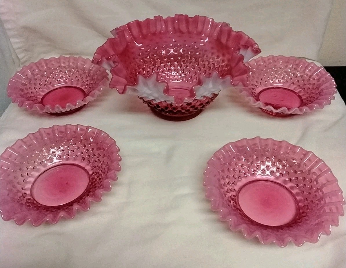 HTF FENTON CRANBERRY HOBNAIL OPALESCENT ART GLASS BERRY DESSERT FRUIT BOWL SET HTF FENTON CRANBERRY HOBNAIL OPALESCENT ART GLASS BERRY DESSERT FRUIT BOWL SET